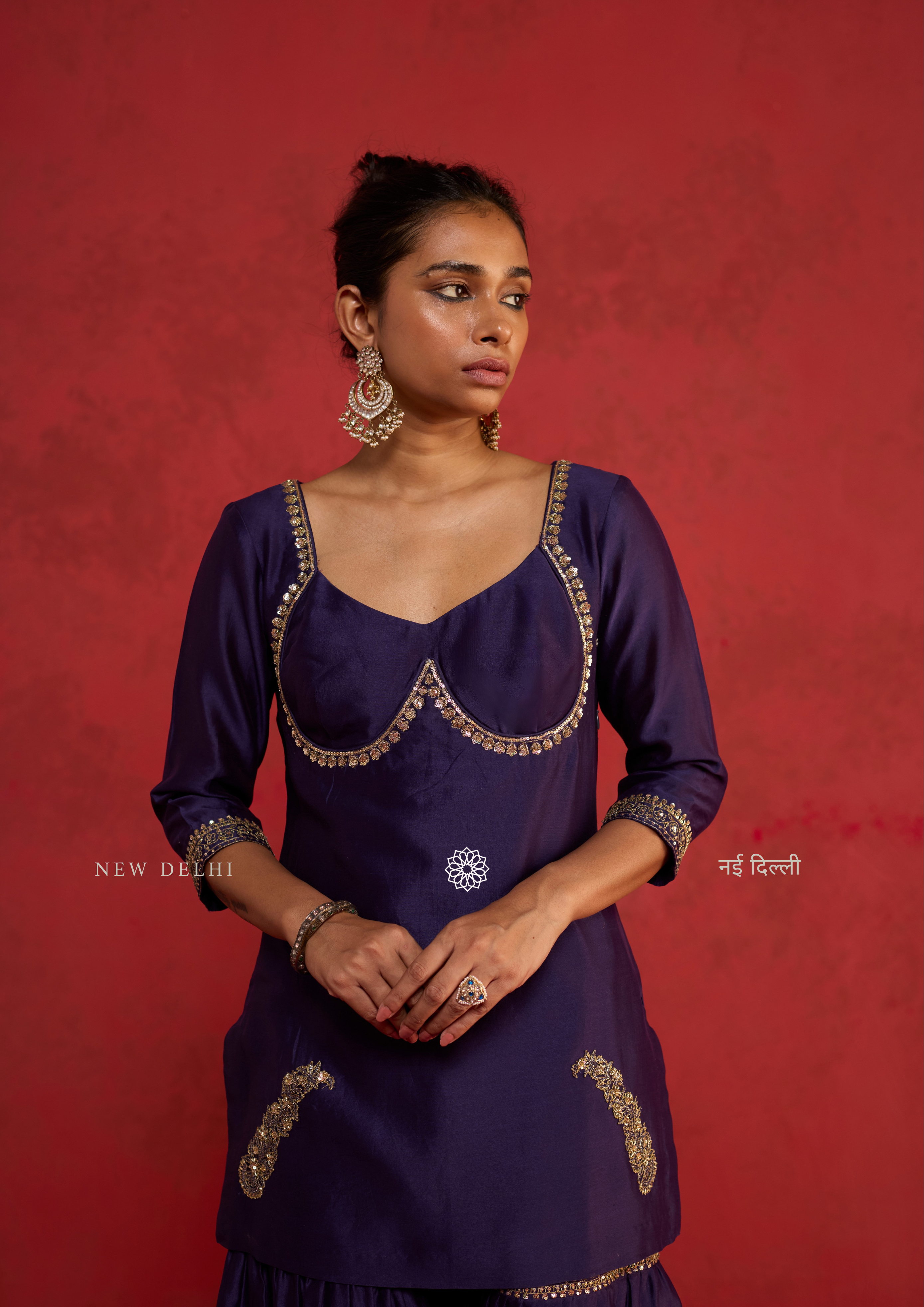 Ekta | Deep Purple Chanderi Sharara Set with Ari-Zardozi Detailing