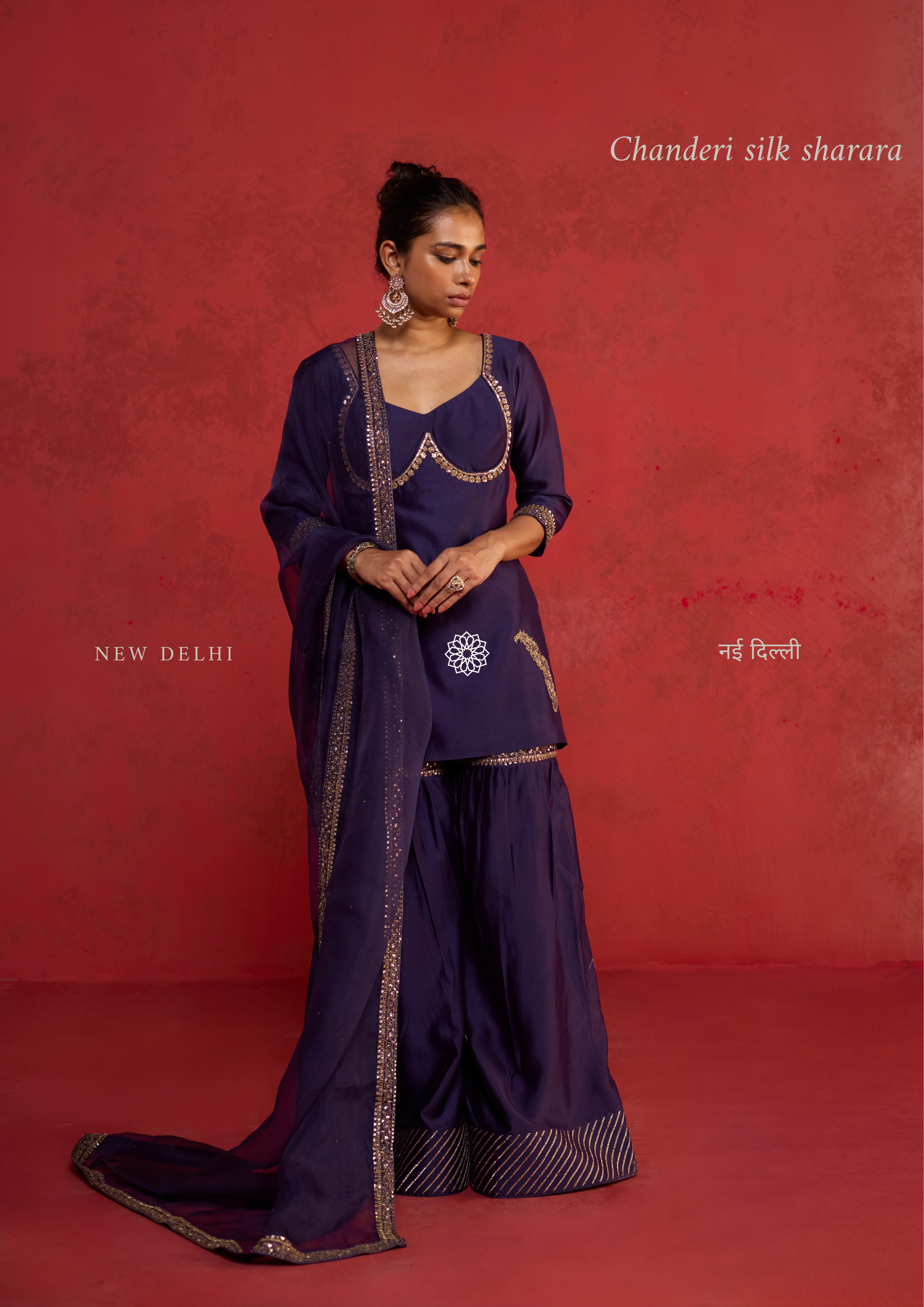 Ekta | Deep Purple Chanderi Sharara Set with Ari-Zardozi Detailing