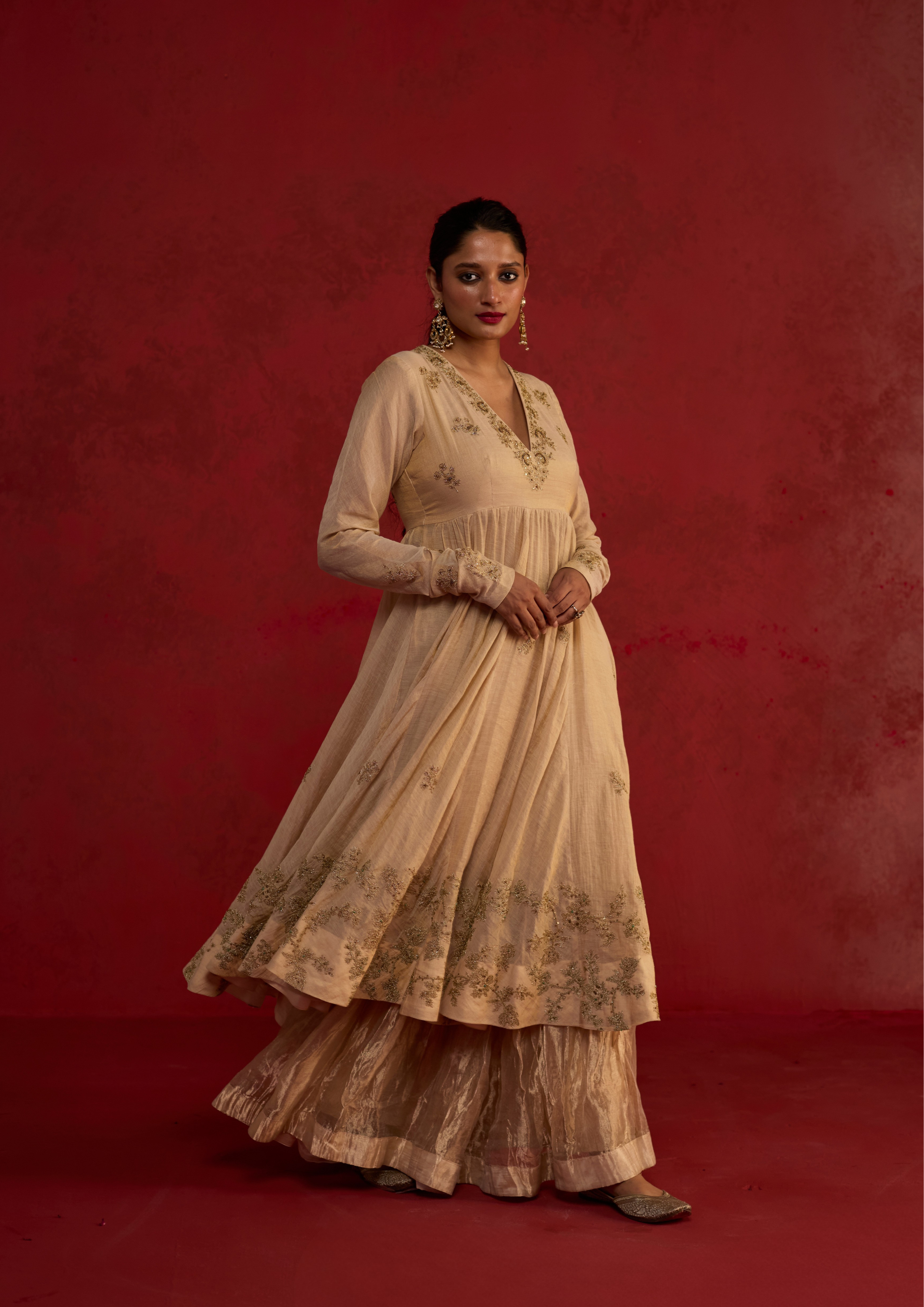 Ditya | Natural Tissue Chanderi Anarkali Set with Zari Sharara