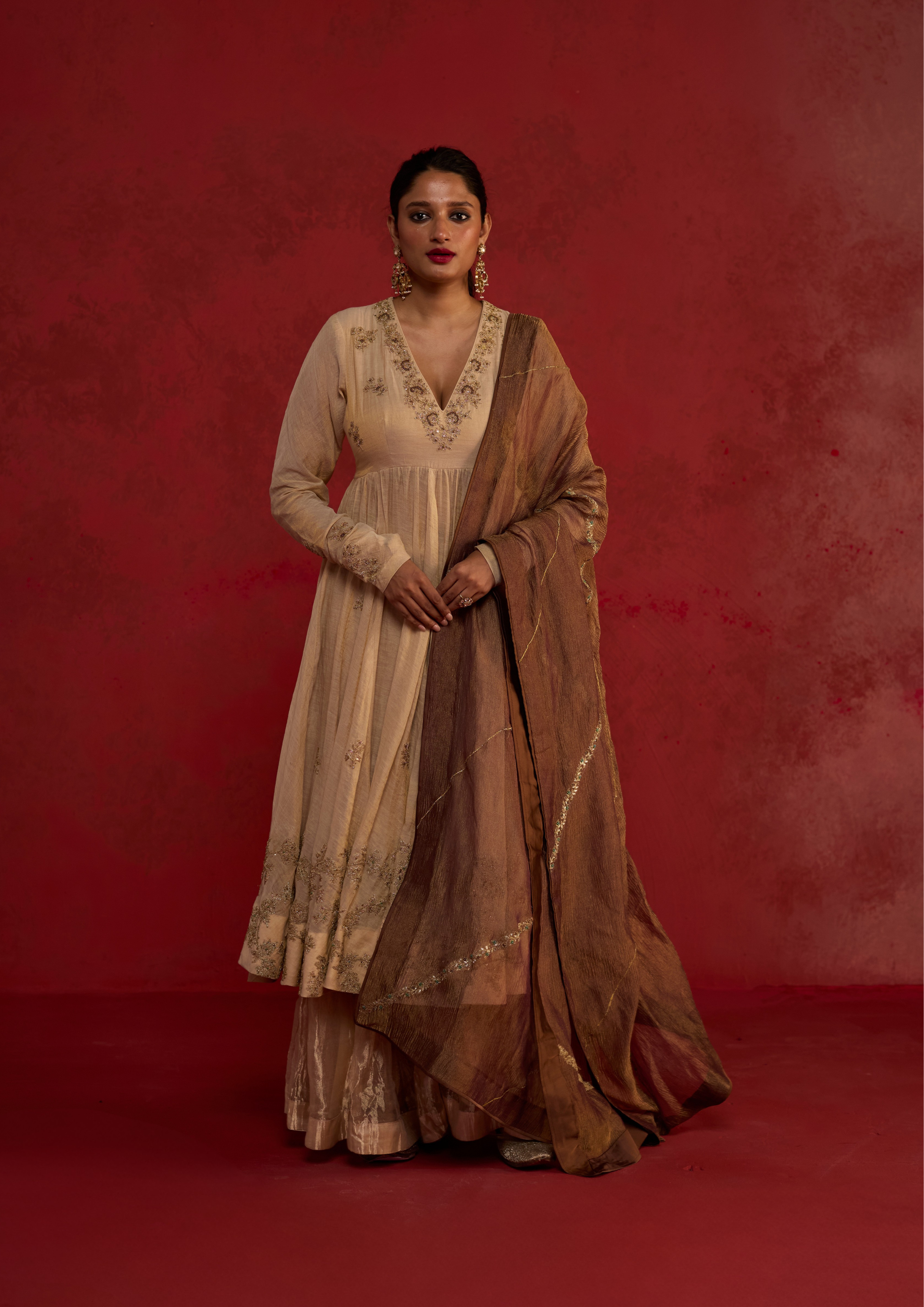 Ditya | Natural Tissue Chanderi Anarkali Set with Zari Sharara