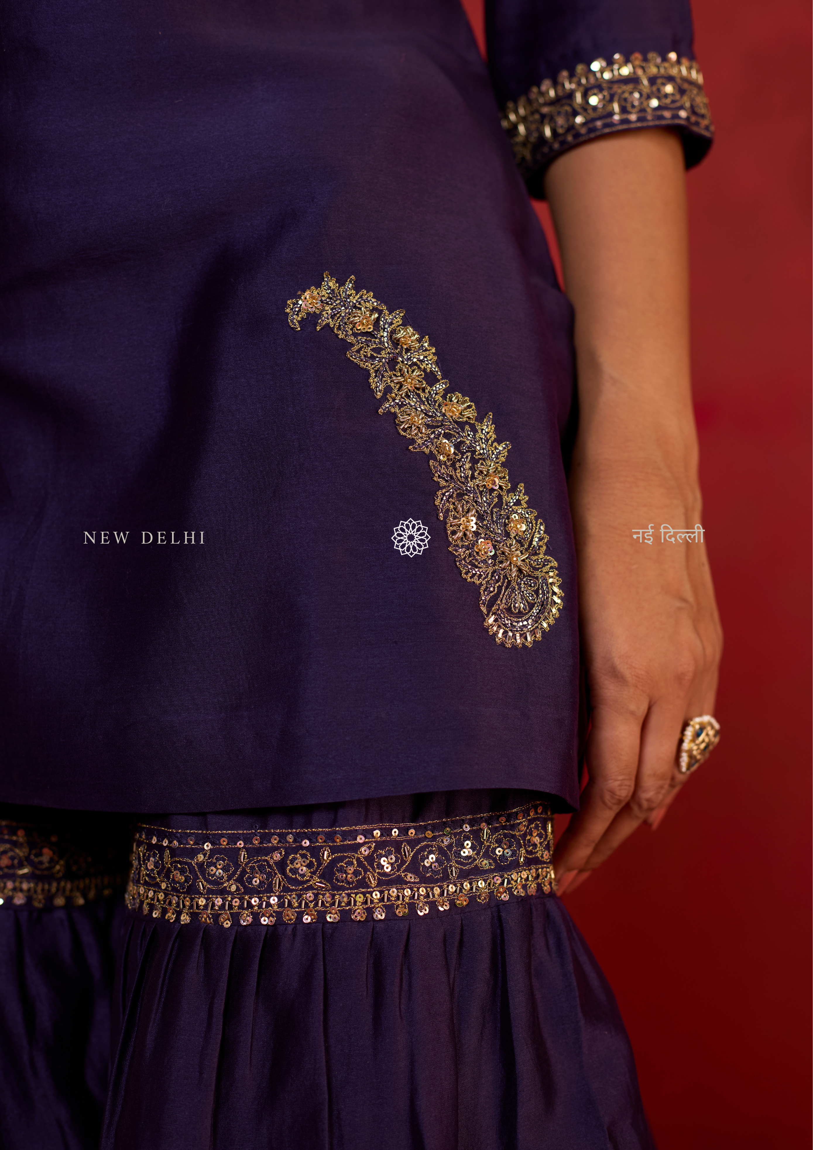 Ekta | Deep Purple Chanderi Sharara Set with Ari-Zardozi Detailing