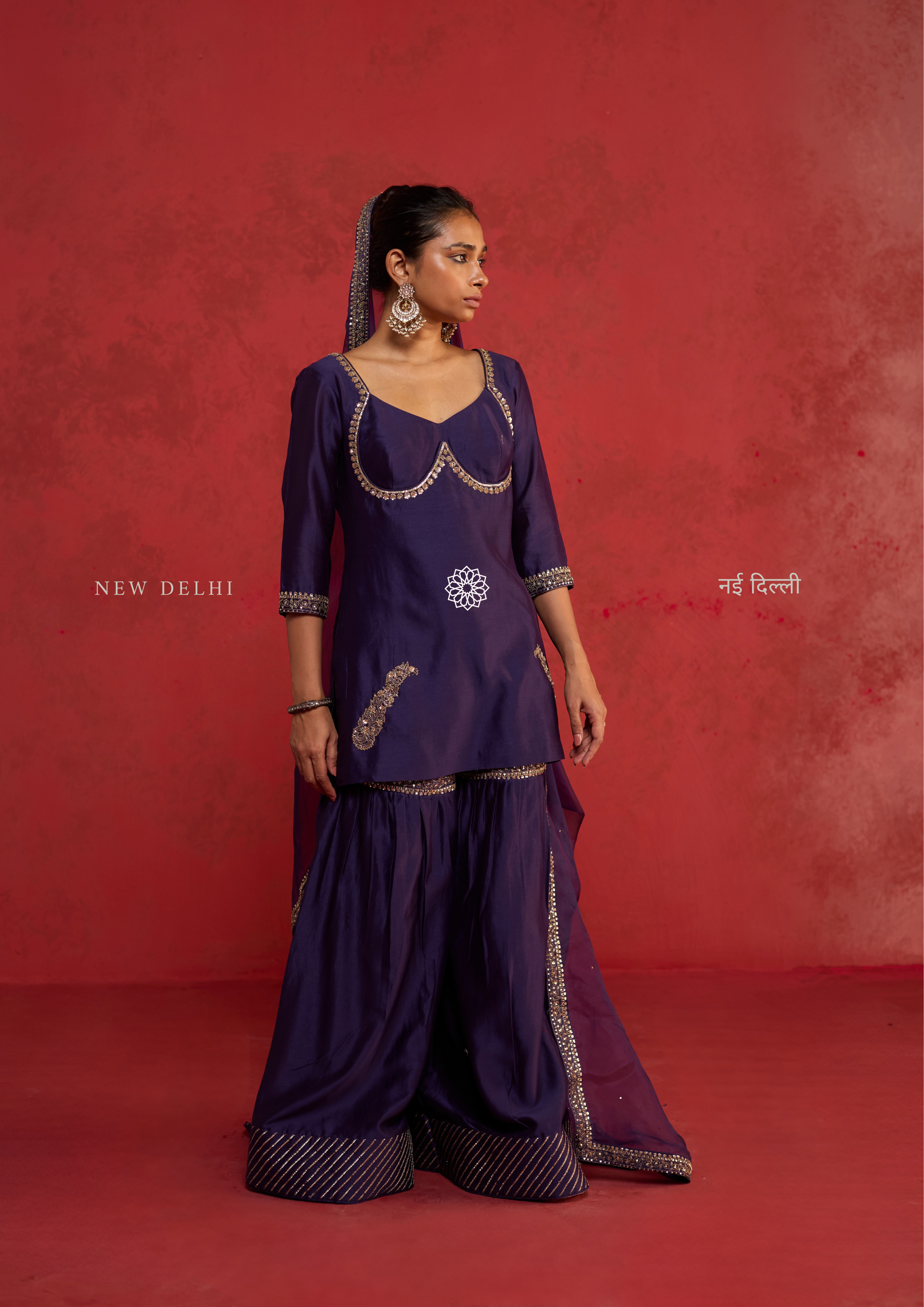 Ekta | Deep Purple Chanderi Sharara Set with Ari-Zardozi Detailing