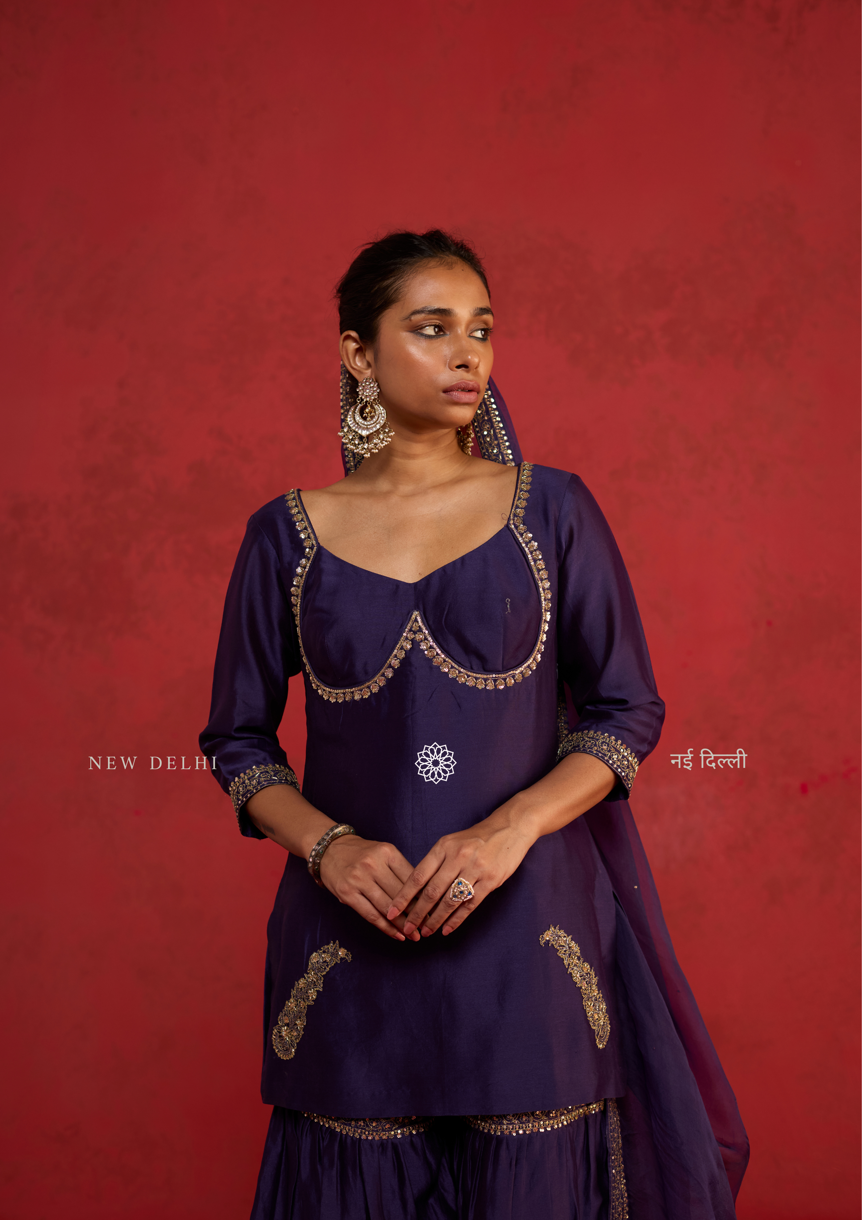 Ekta | Deep Purple Chanderi Sharara Set with Ari-Zardozi Detailing