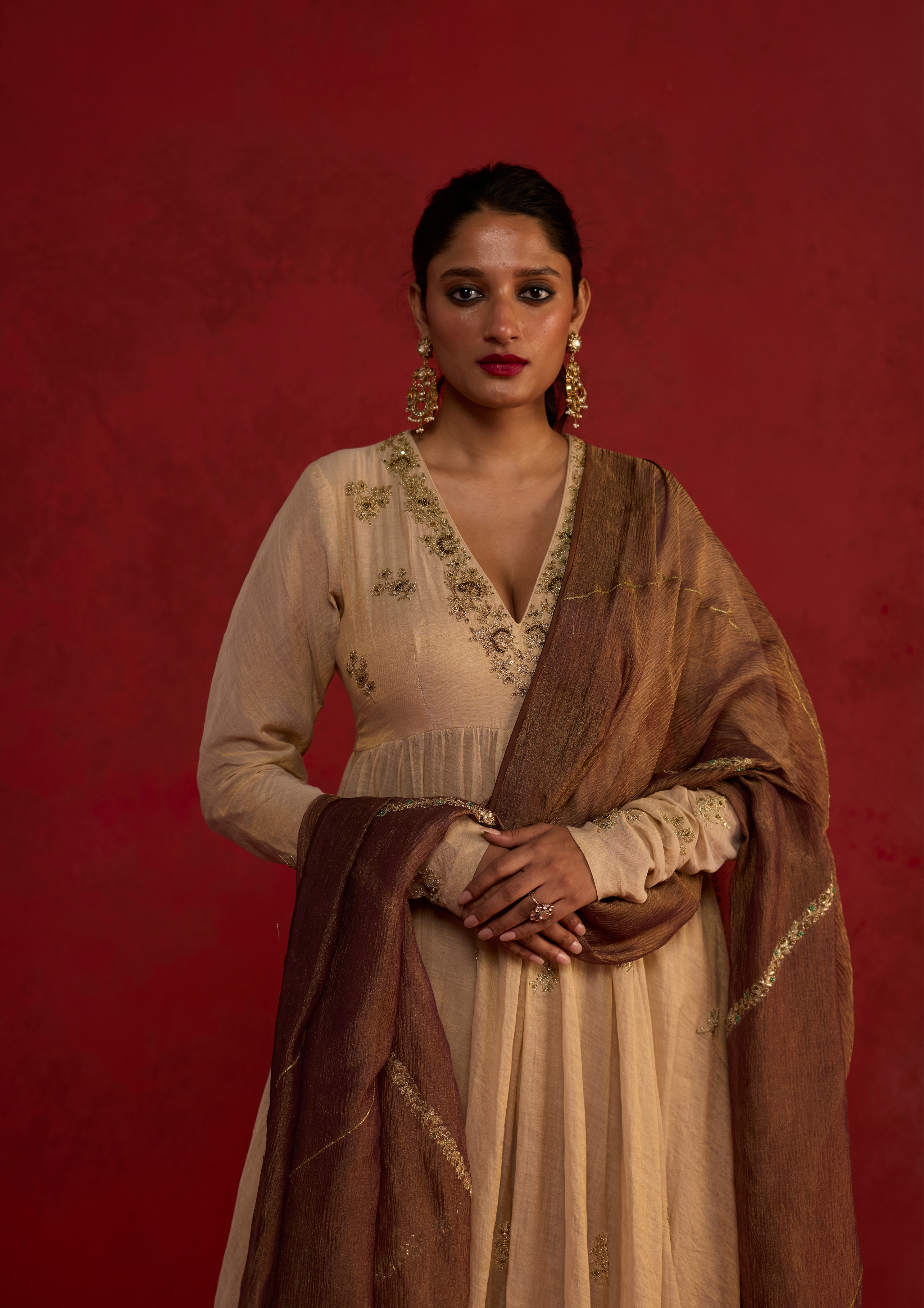 Ditya | Natural Tissue Chanderi Anarkali Set with Zari Sharara