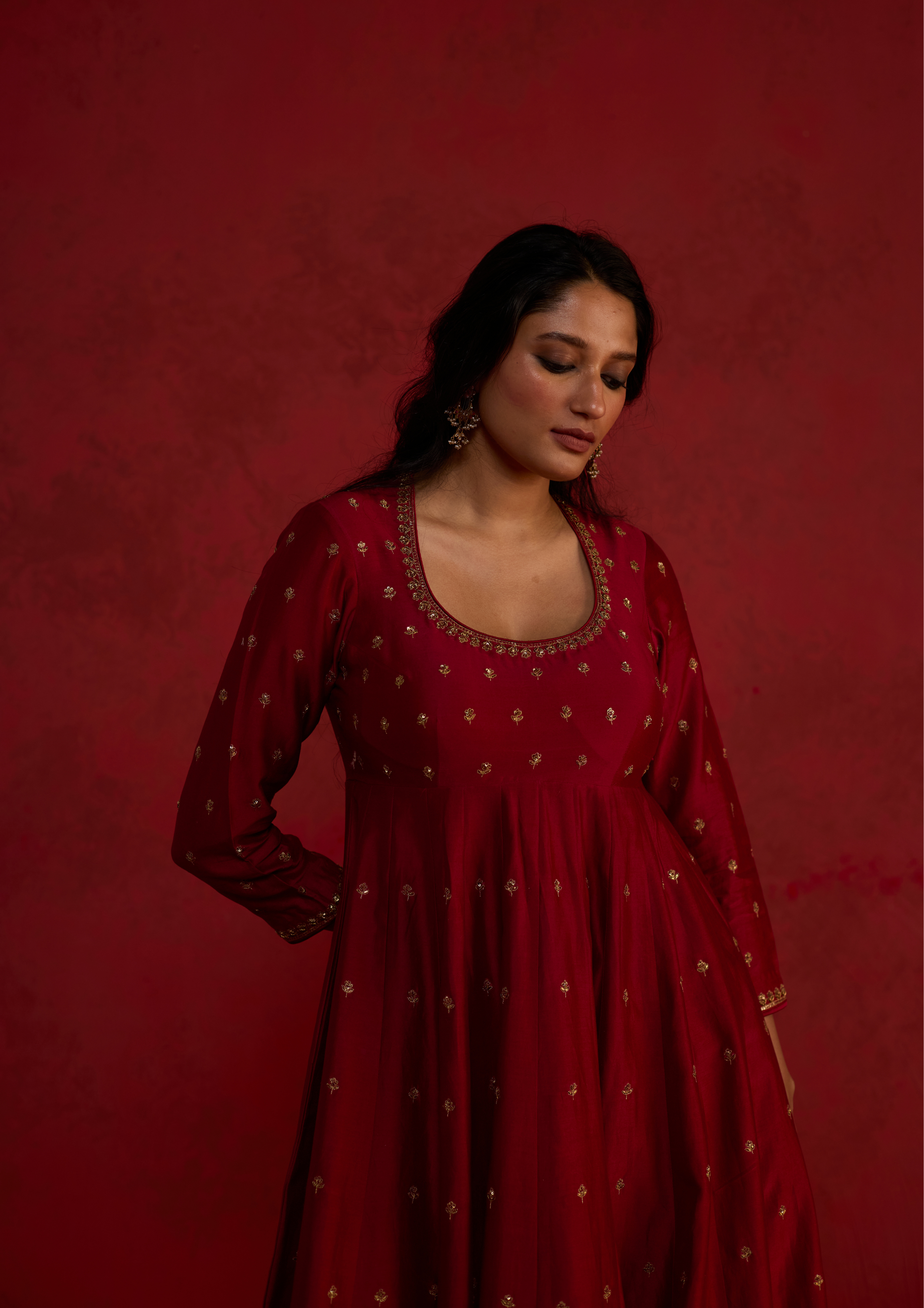 Mirka | Plum Red Chanderi Anarkali Set with Organza Dupatta