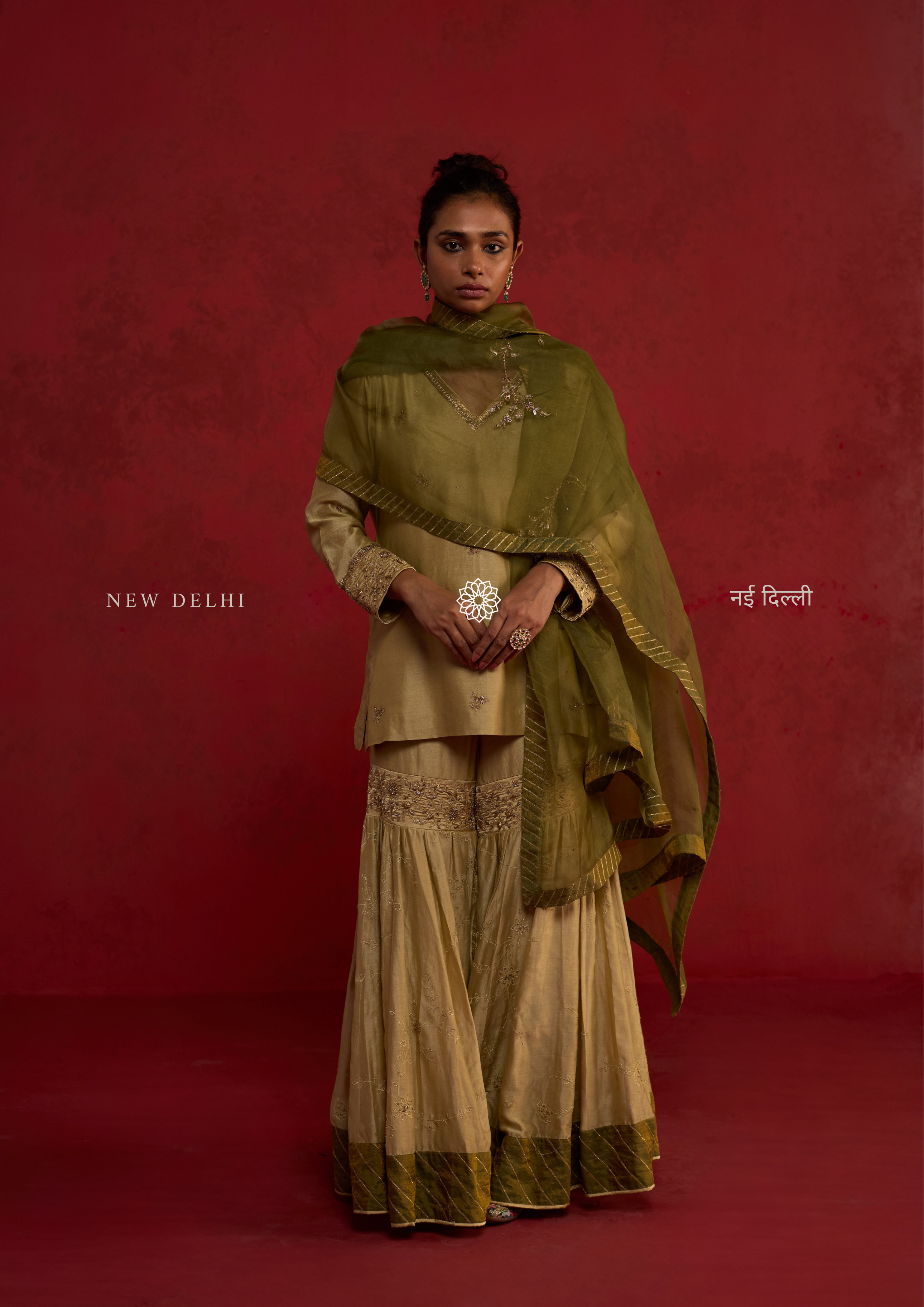 Advika | Sage Green Chanderi Sharara Set with Organza Dupatta