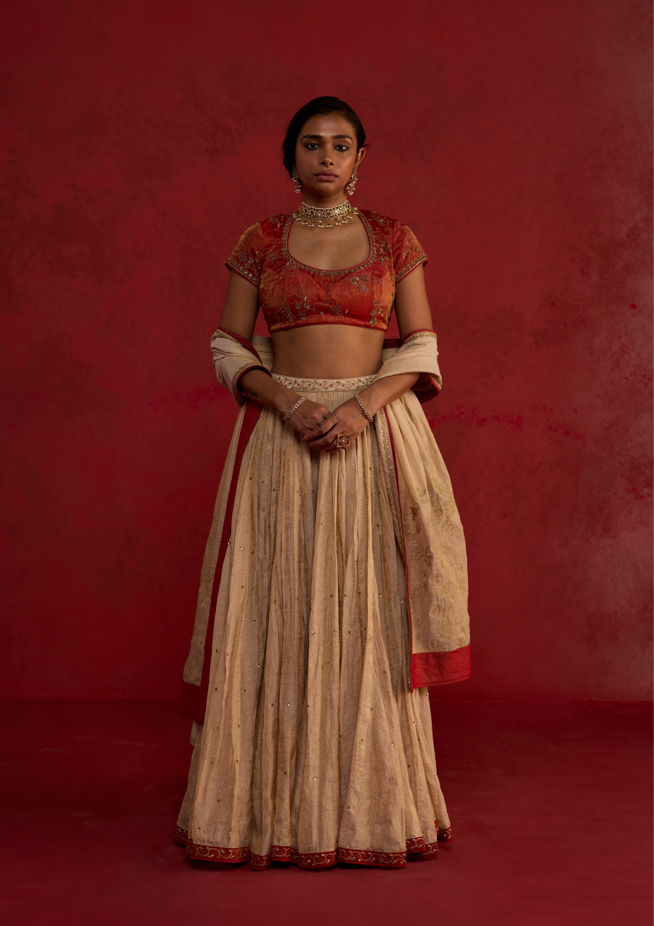 Naitika | Ivory Gold Chanderi Lehenga Set with Tissue Dupatta