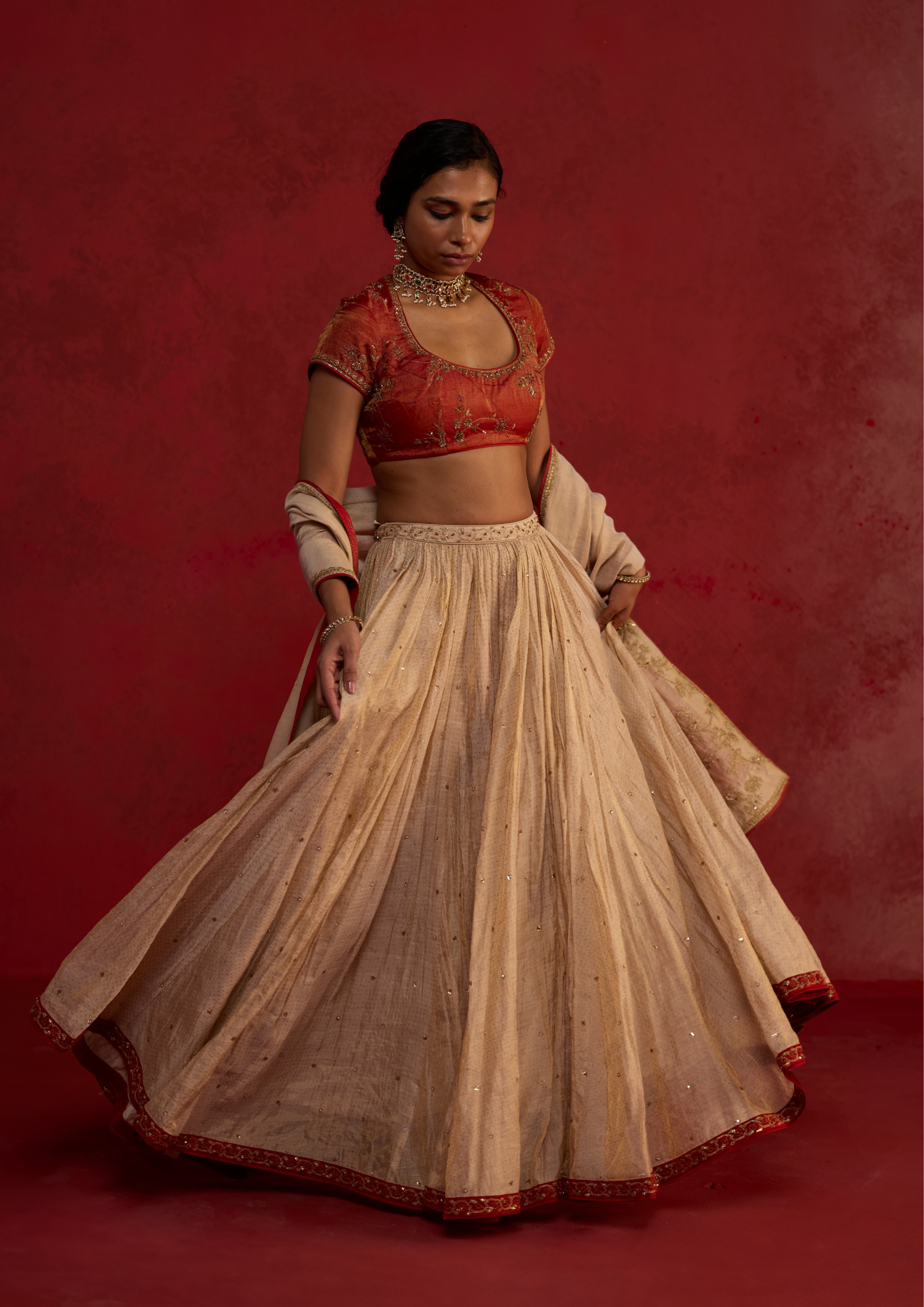 Naitika | Ivory Gold Chanderi Lehenga Set with Tissue Dupatta