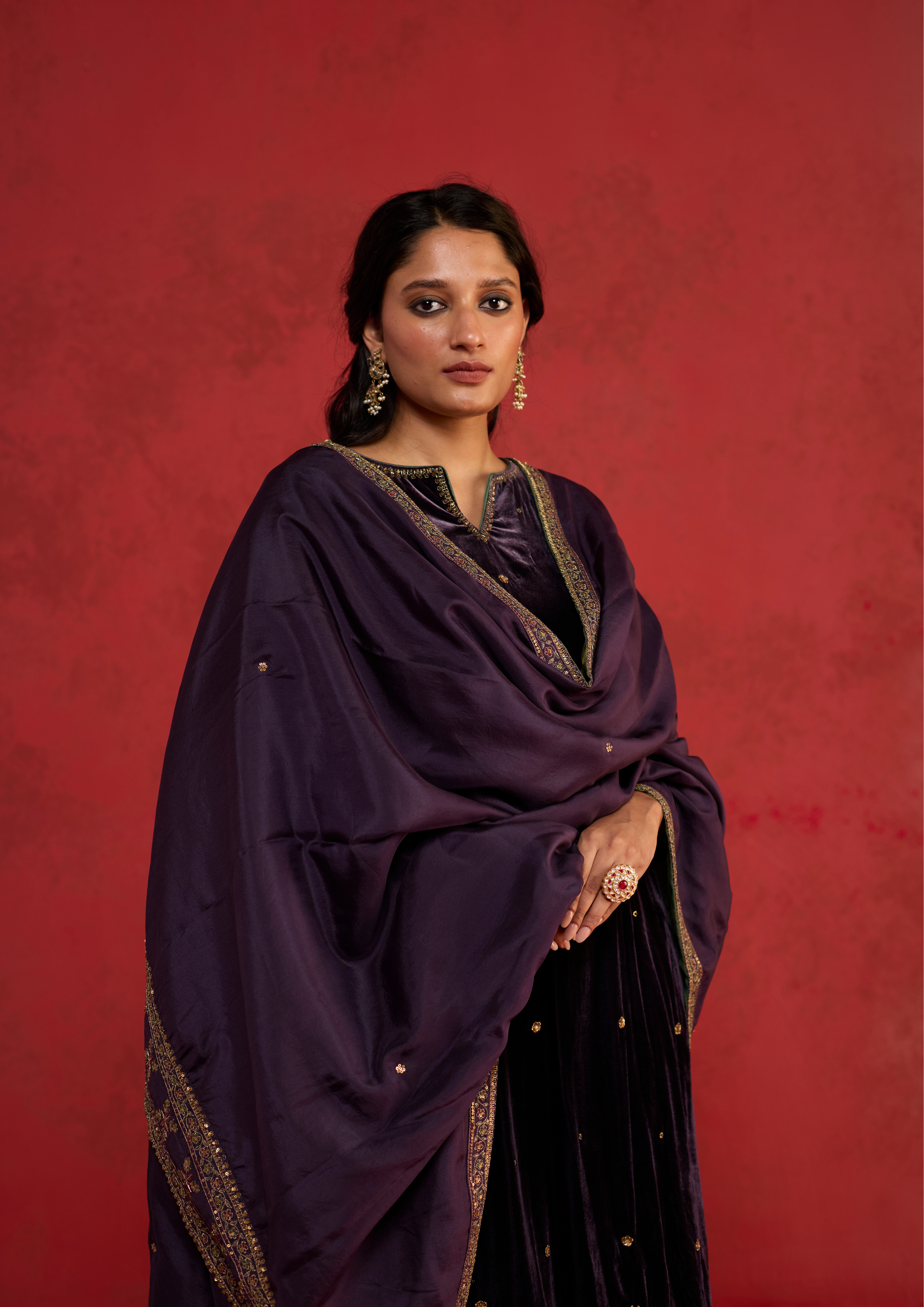 Mahira | Deep Purple Velvet Kurta Set with Ari-Zardozi Work