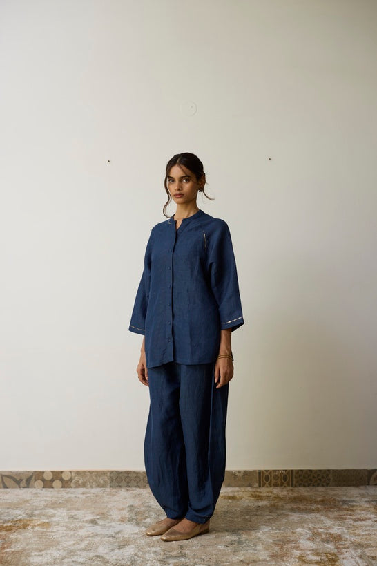 AIRA | Indigo Pure Linen Cord Set with Dabka Hand Embroidery