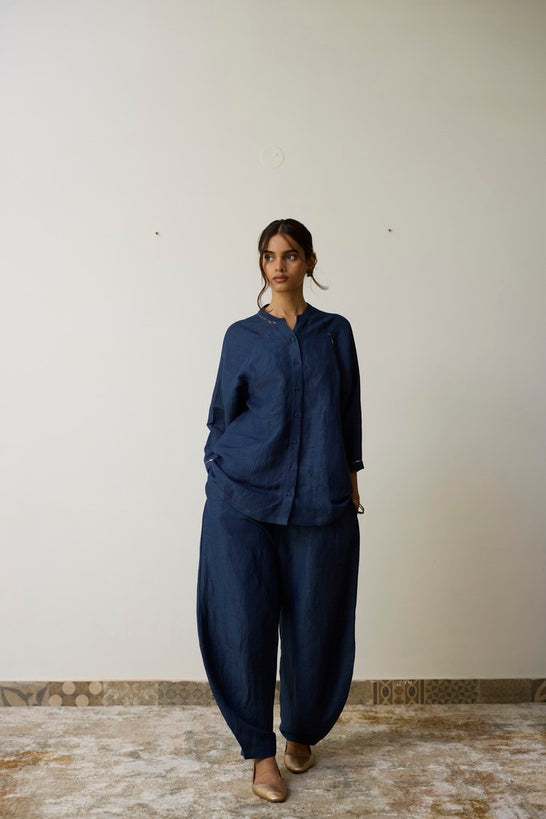 AIRA | Indigo Pure Linen Cord Set with Dabka Hand Embroidery