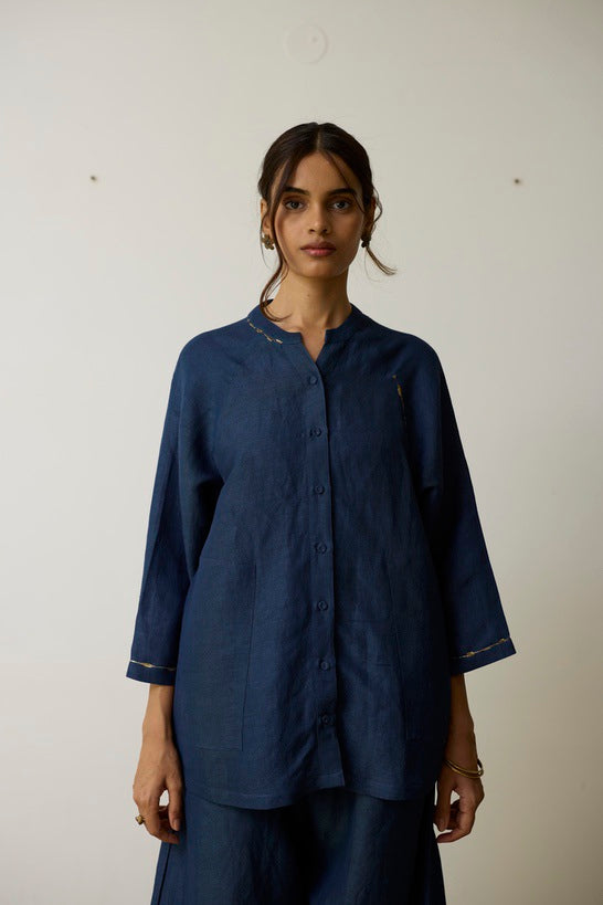 AIRA | Indigo Pure Linen Cord Set with Dabka Hand Embroidery