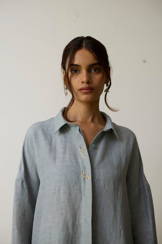 AVA | Azure Blue Pure Linen Kurta Set with Dabka Hand Embroidery