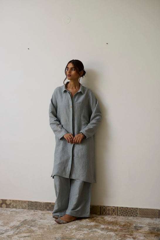 AVA | Azure Blue Pure Linen Kurta Set with Dabka Hand Embroidery