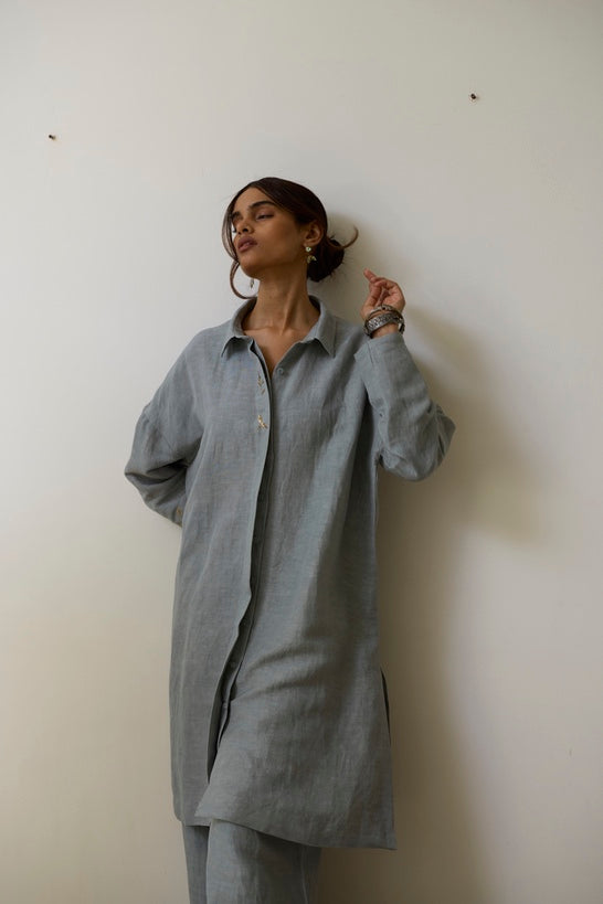 AVA | Azure Blue Pure Linen Kurta Set with Dabka Hand Embroidery