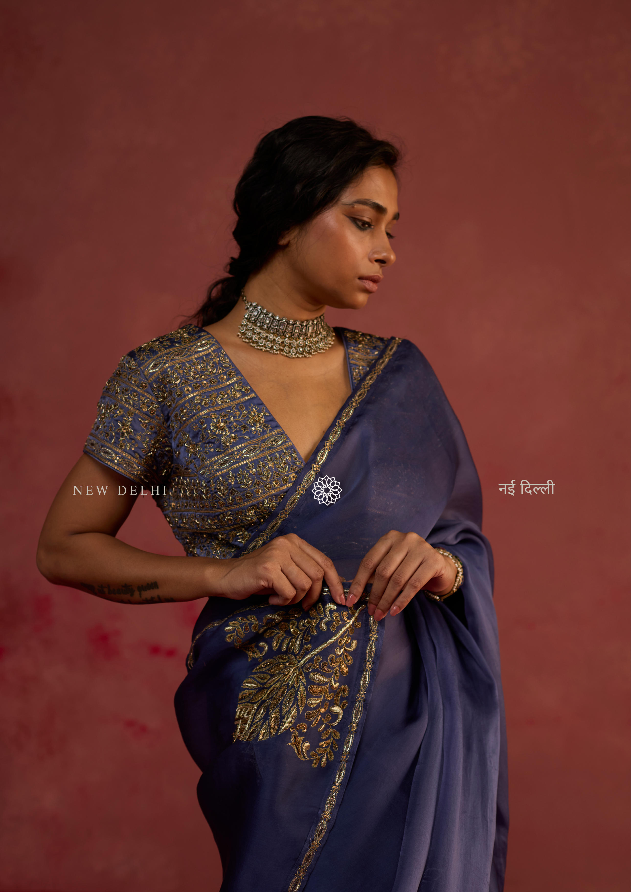 Revati | Sapphire Organza Saree with Dupion Silk Blouse