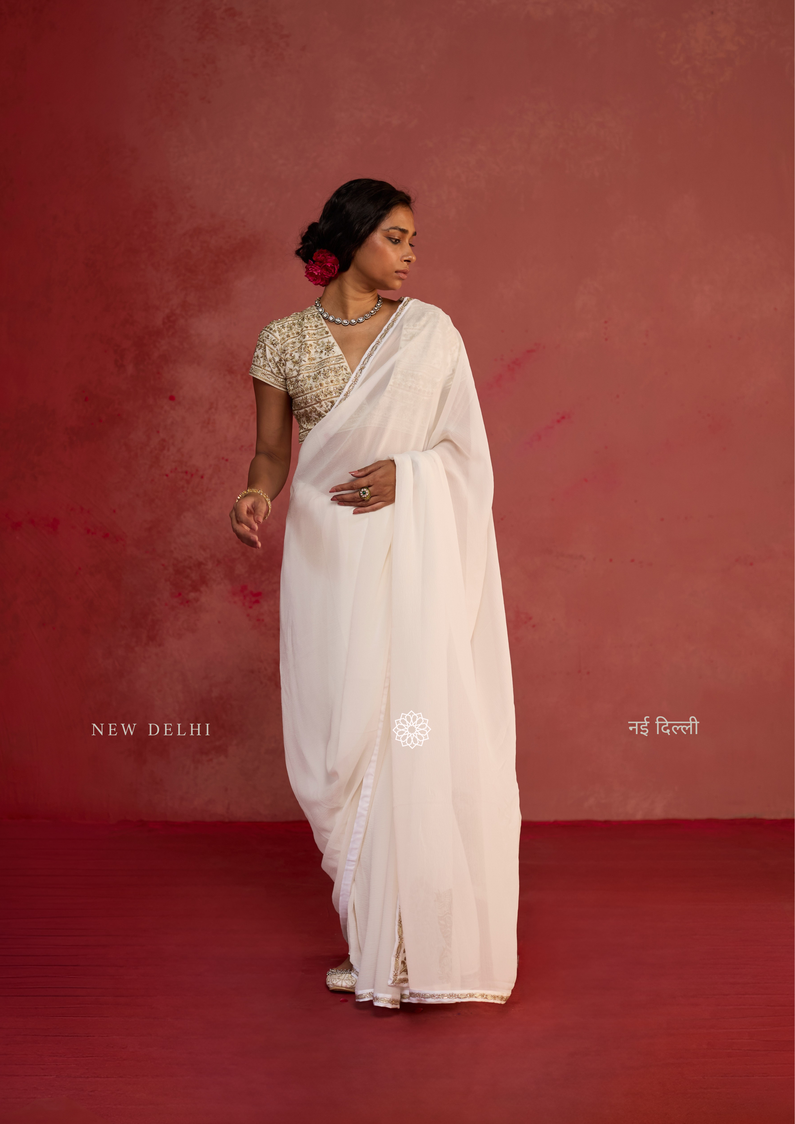 Tamara | Ivory Chiffon Saree with Dupion Silk Blouse