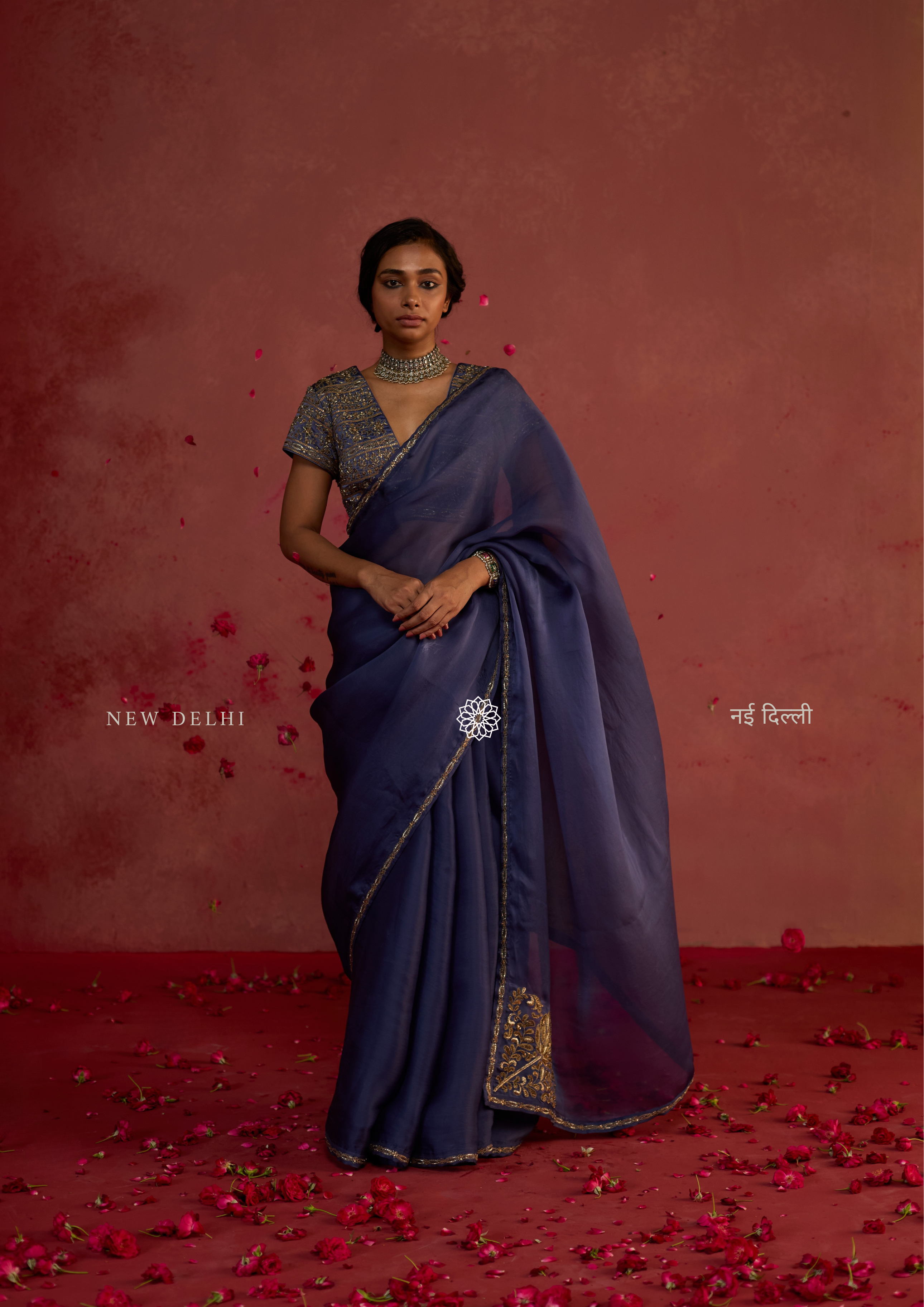 Revati | Sapphire Organza Saree with Dupion Silk Blouse