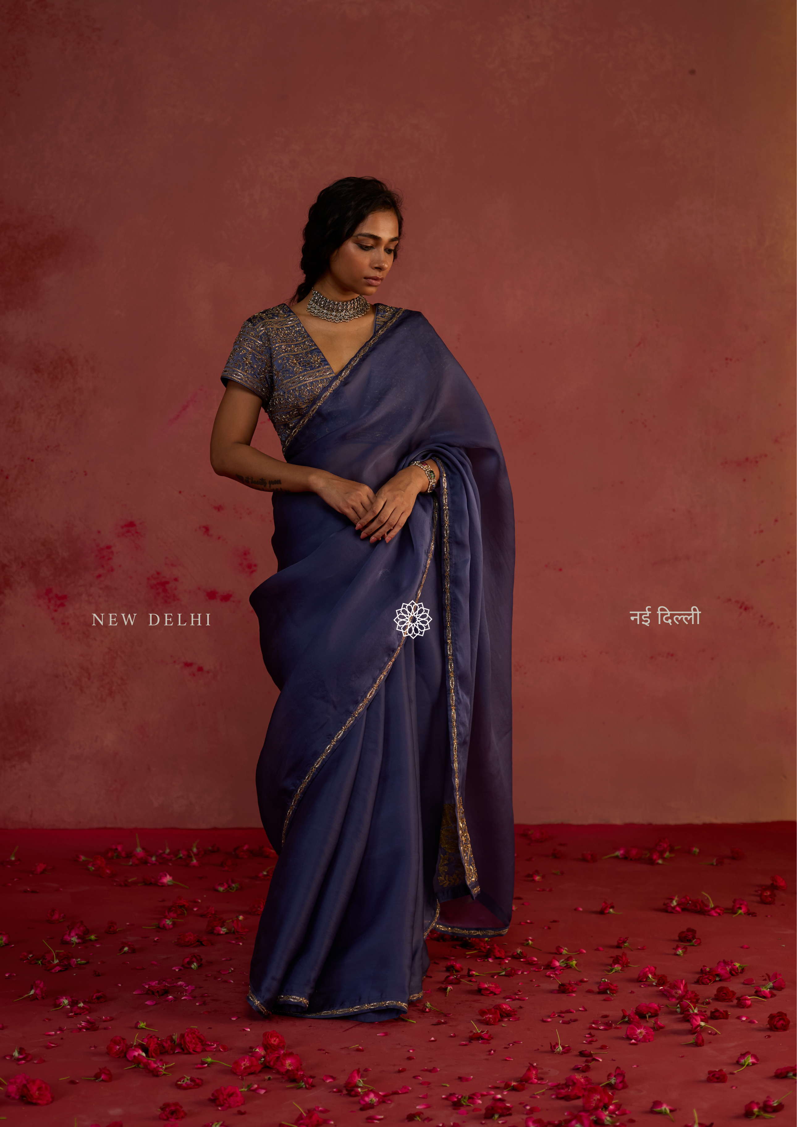 Revati | Sapphire Organza Saree with Dupion Silk Blouse