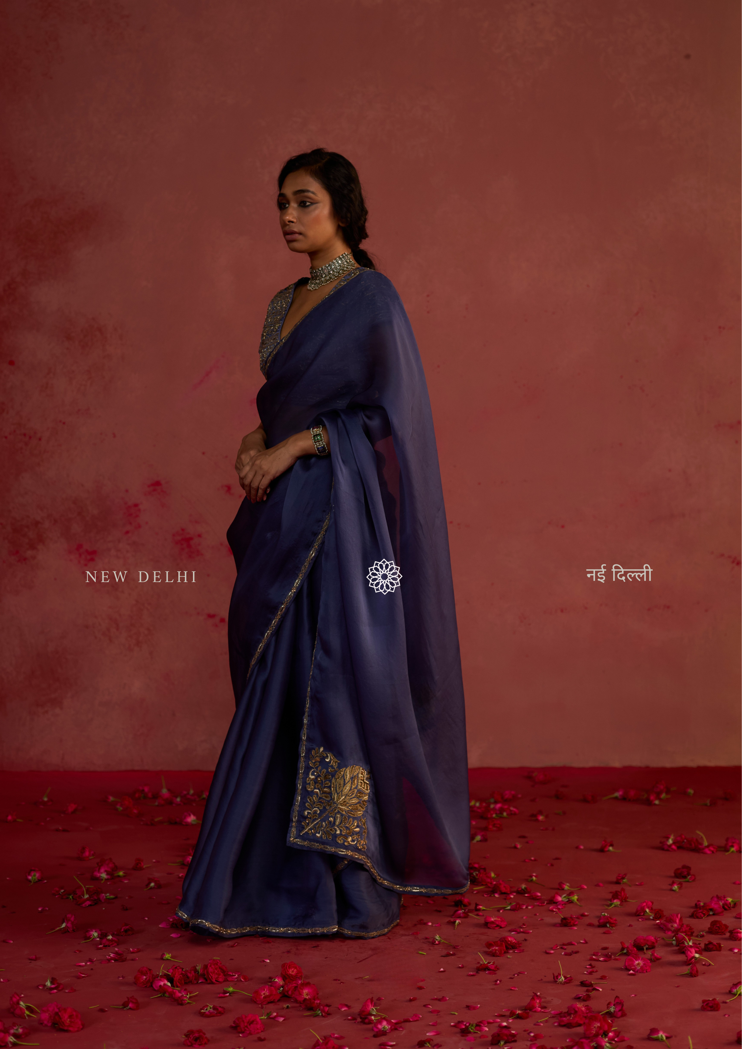 Revati | Sapphire Organza Saree with Dupion Silk Blouse