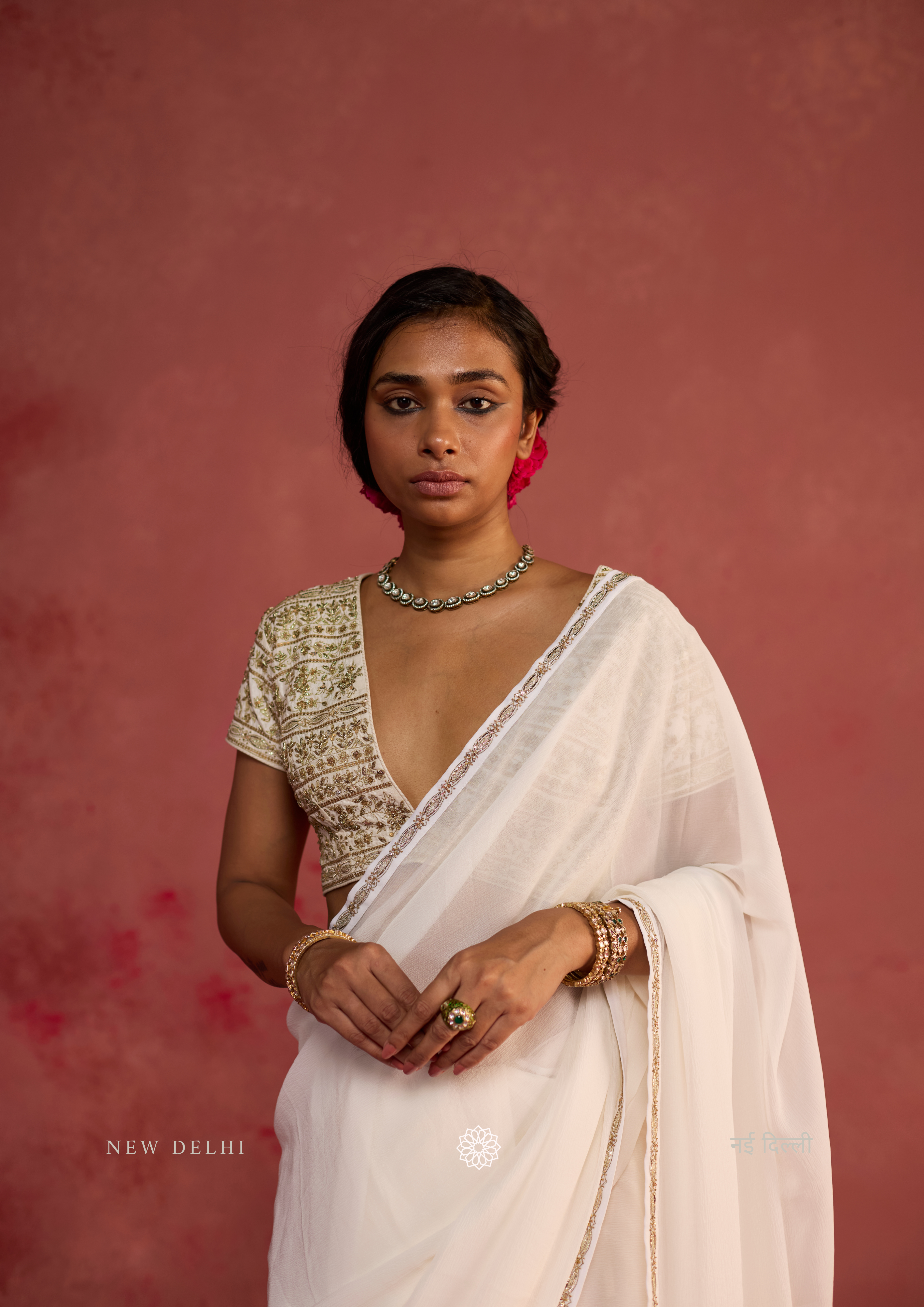 Tamara | Ivory Chiffon Saree with Dupion Silk Blouse