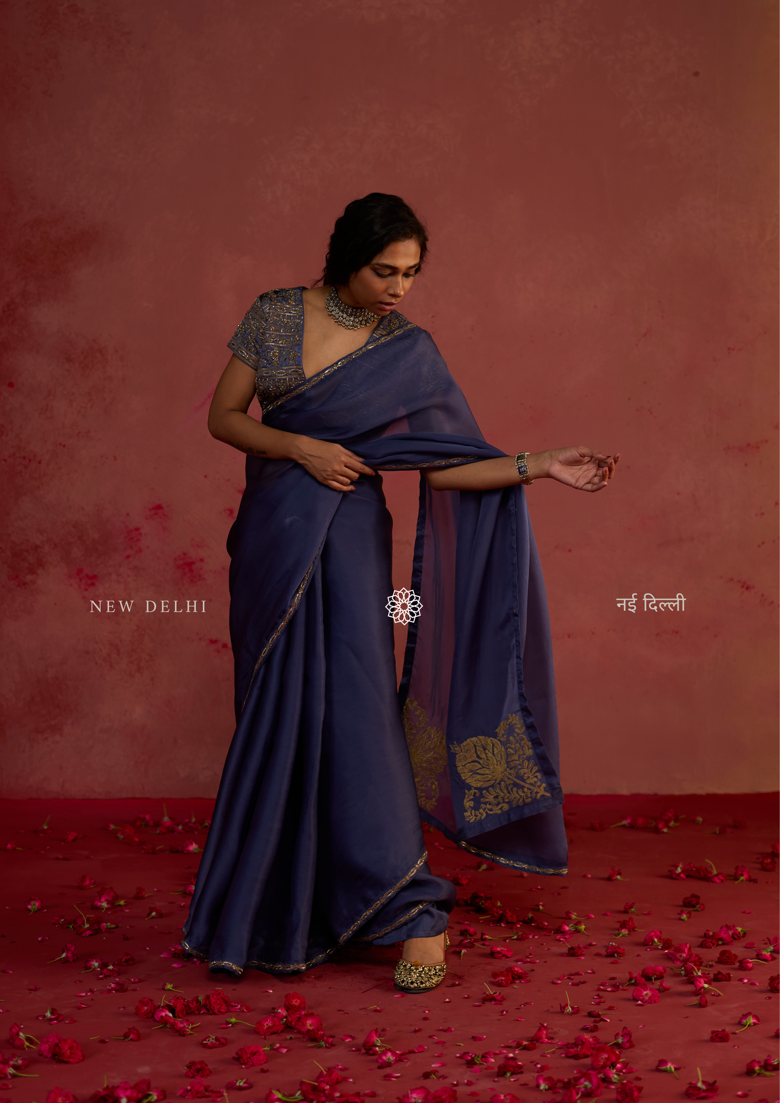 Revati | Sapphire Organza Saree with Dupion Silk Blouse