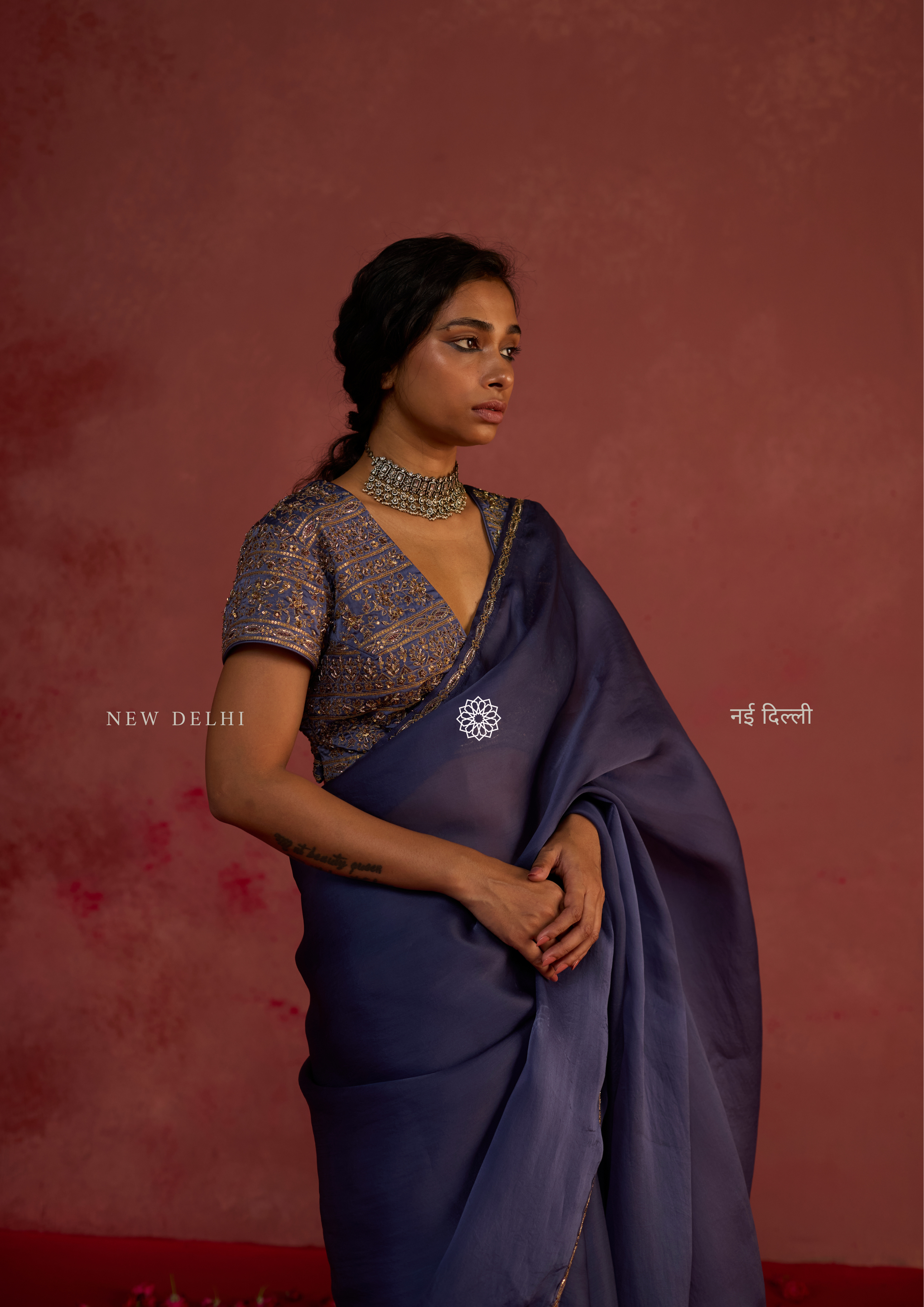 Revati | Sapphire Organza Saree with Dupion Silk Blouse