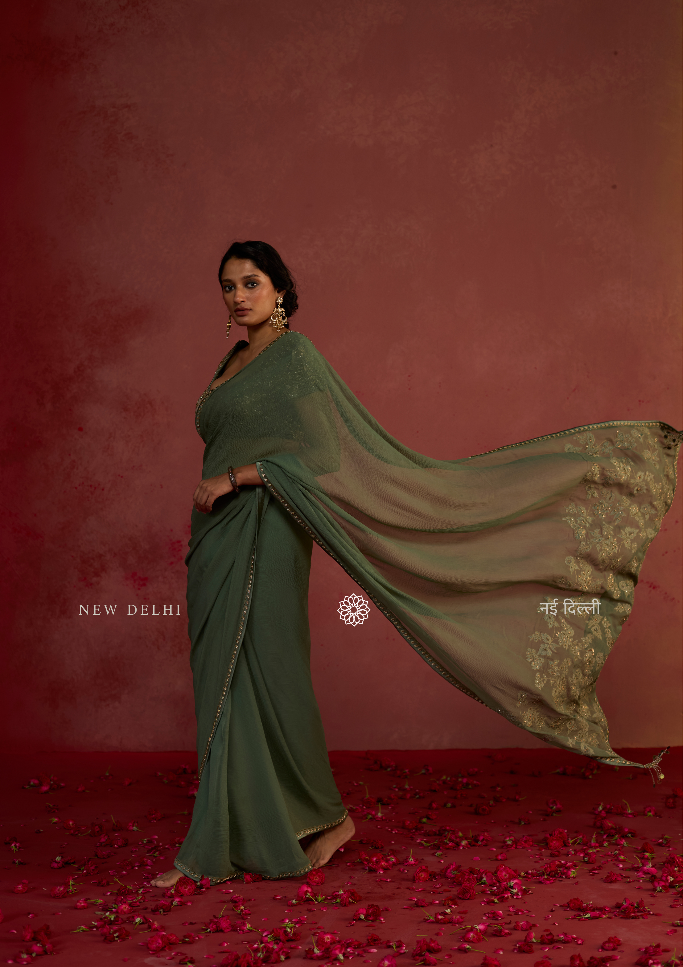 Anaira | Olive Green Chiffon Saree with Velvet Patch Pallu
