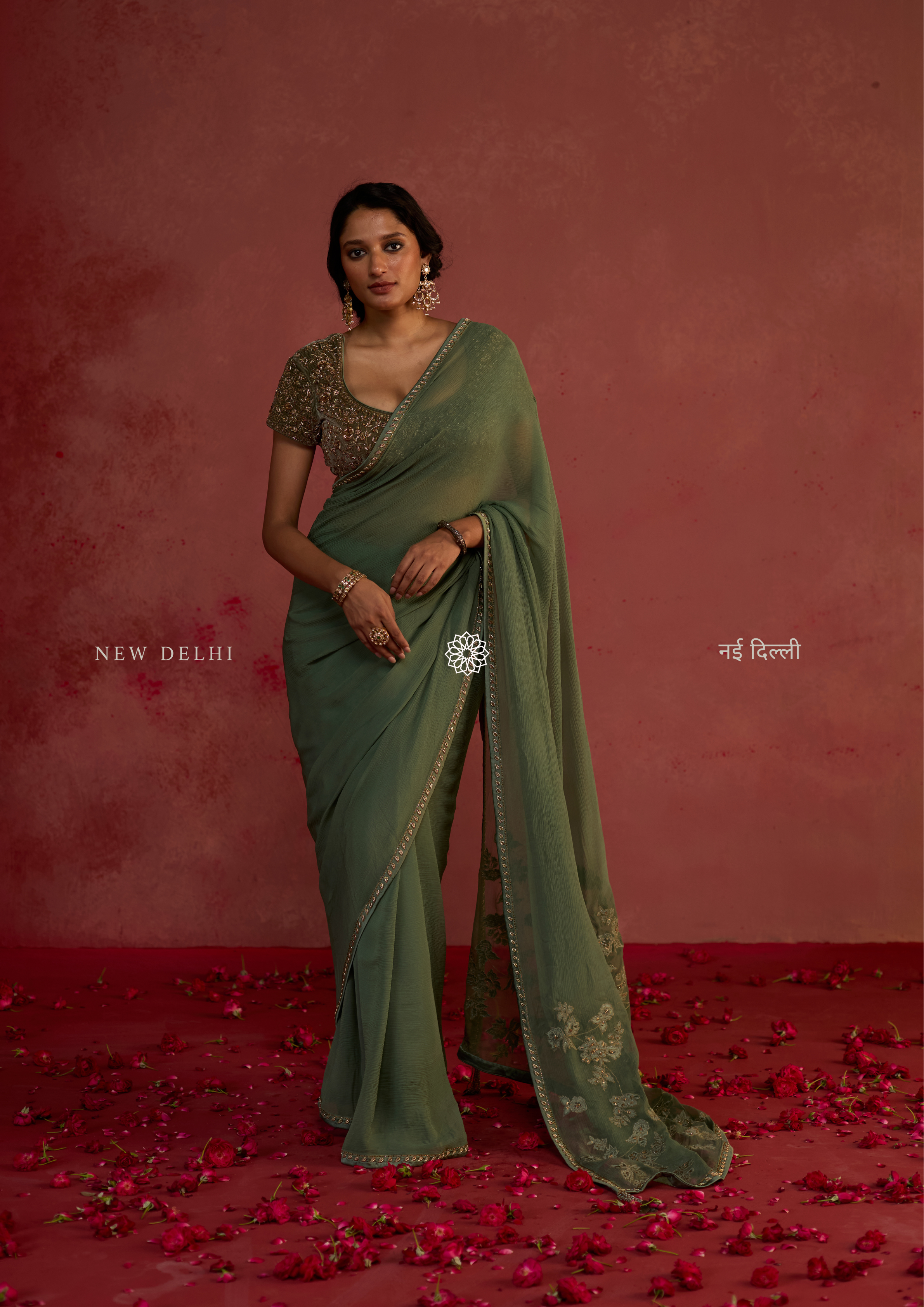 Anaira | Olive Green Chiffon Saree with Velvet Patch Pallu