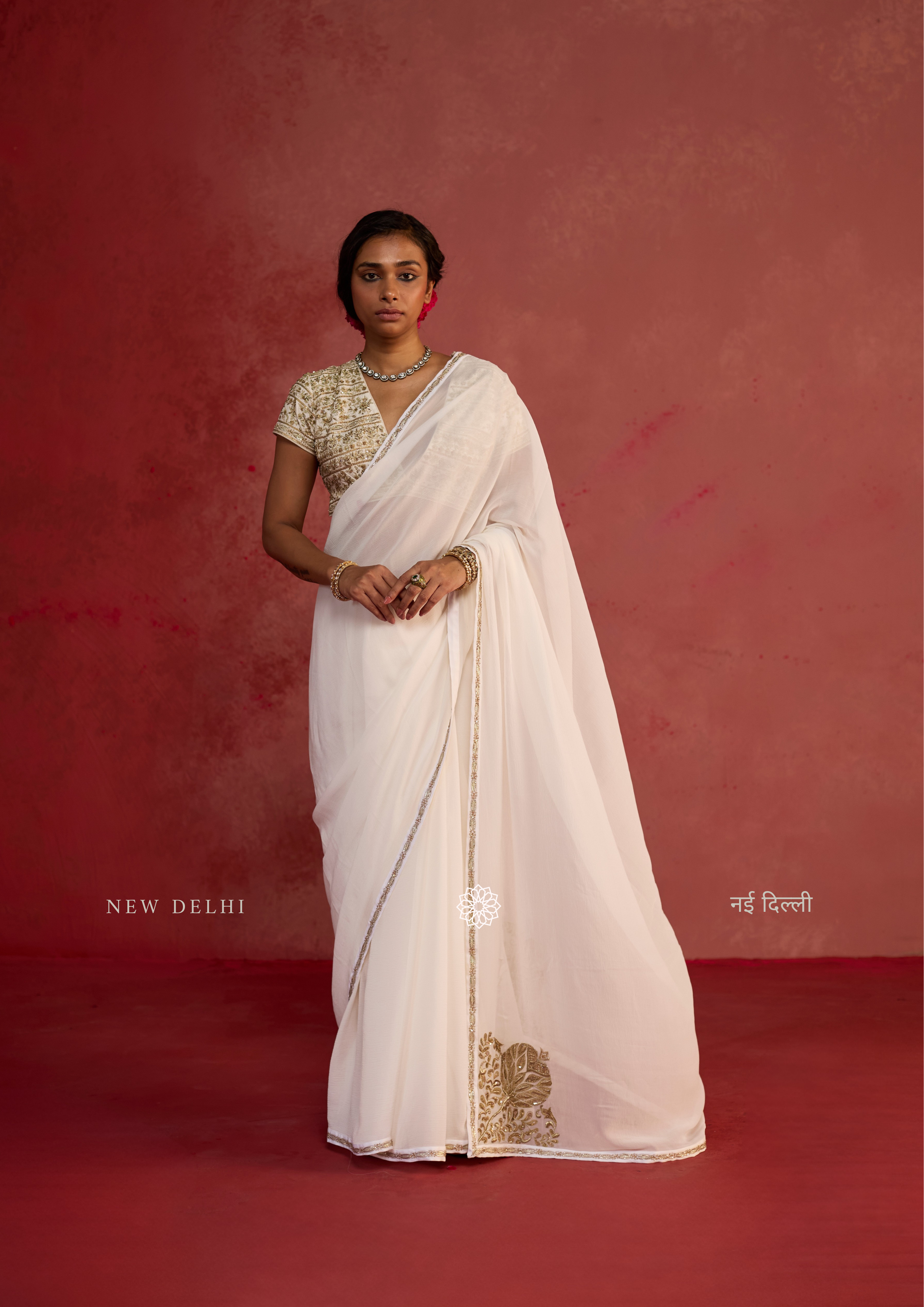 Tamara | Ivory Chiffon Saree with Dupion Silk Blouse