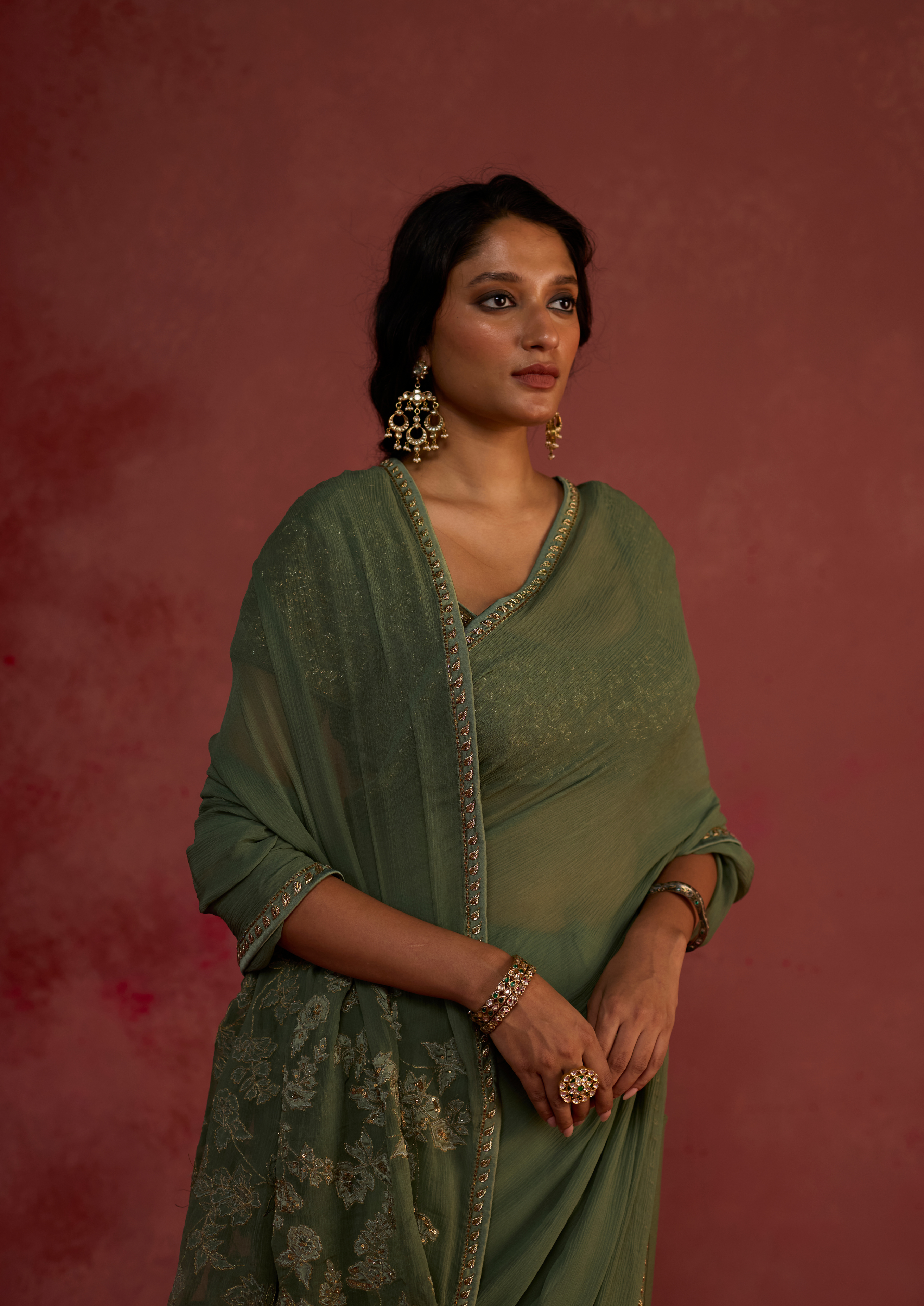 Anaira | Olive Green Chiffon Saree with Velvet Patch Pallu