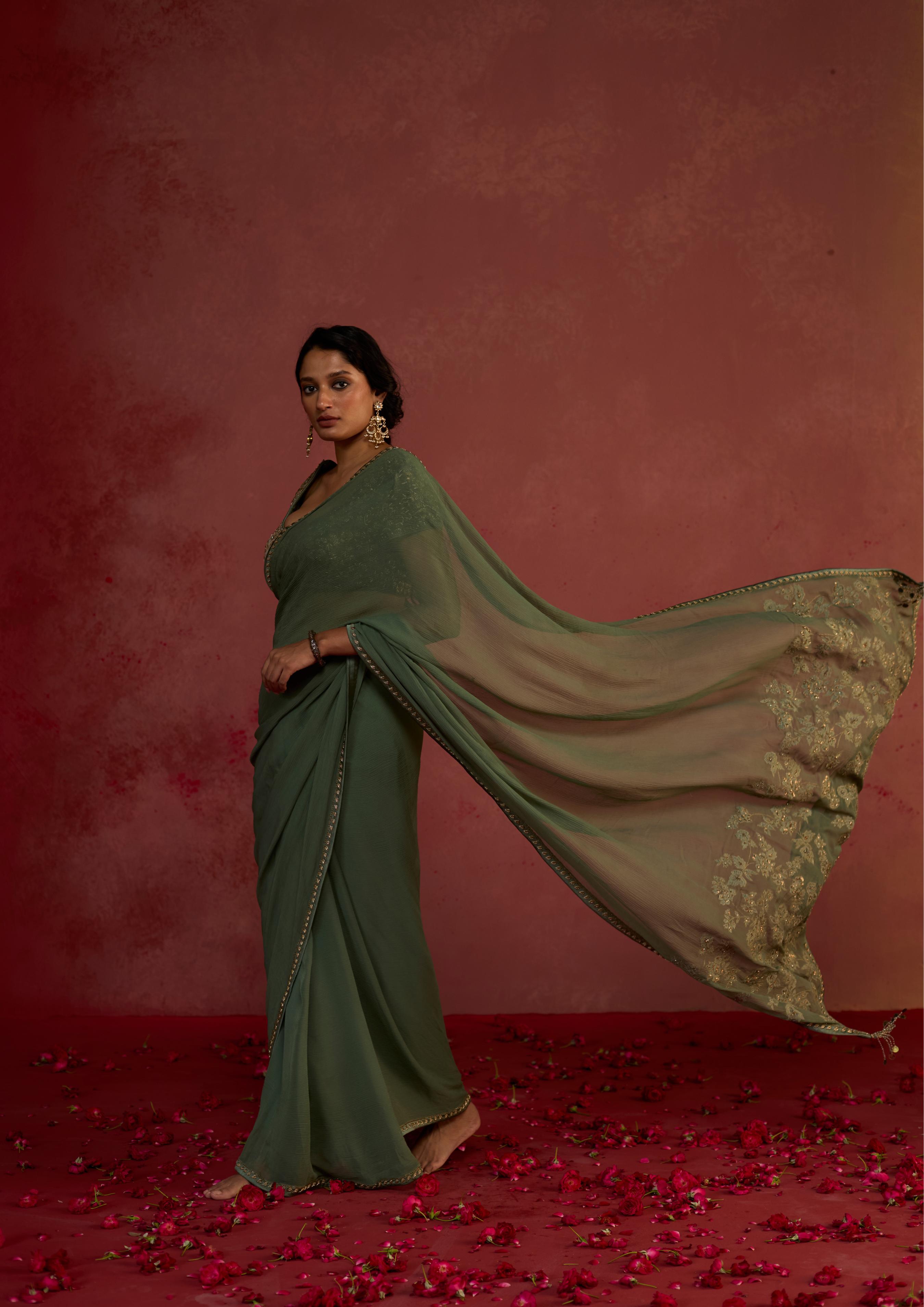 Anaira | Olive Green Chiffon Saree with Velvet Patch Pallu