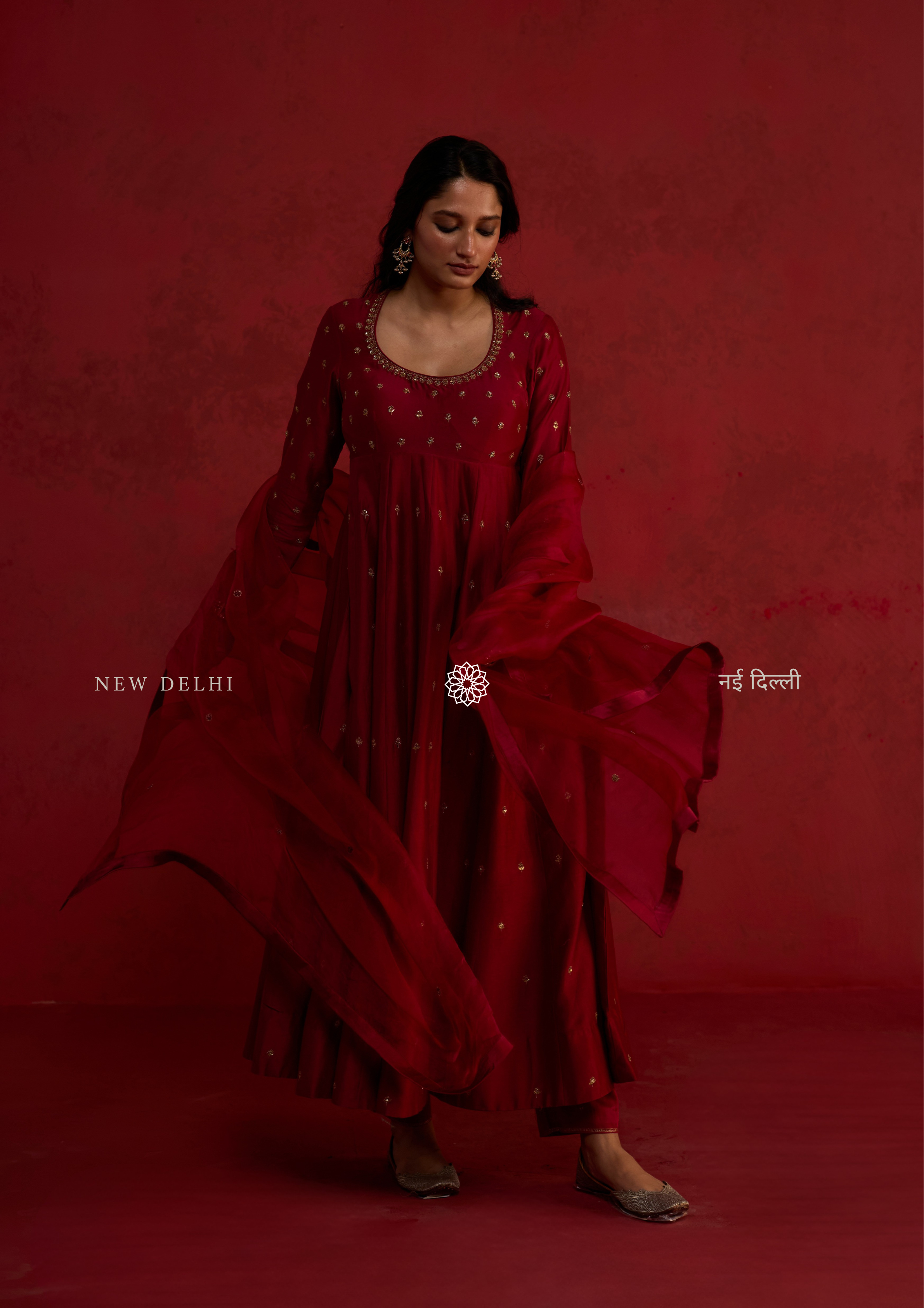 Mirka | Plum Red Chanderi Anarkali Set with Organza Dupatta