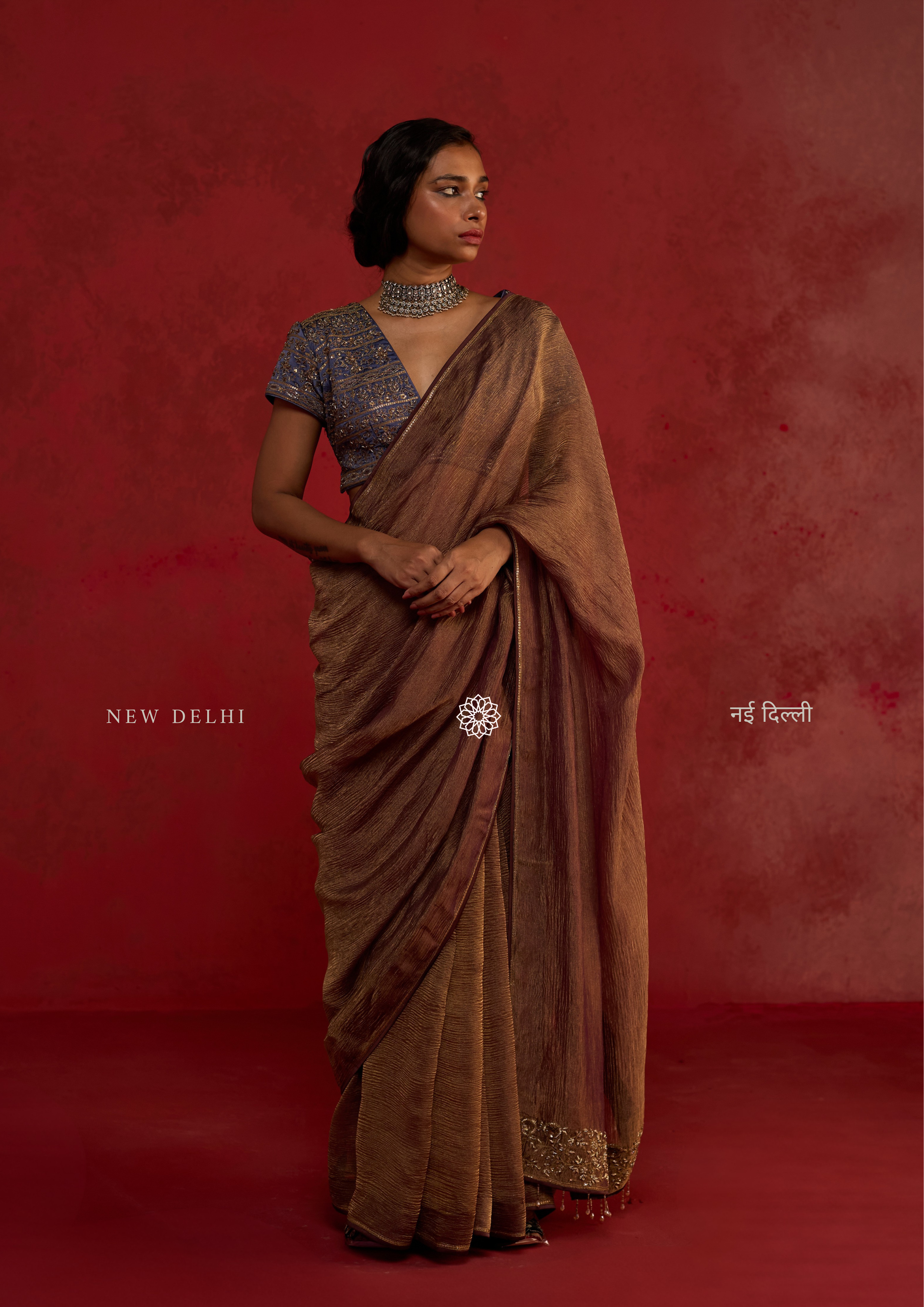 Aarvi | Bronze Crushed Tissue Saree with Silk Blouse