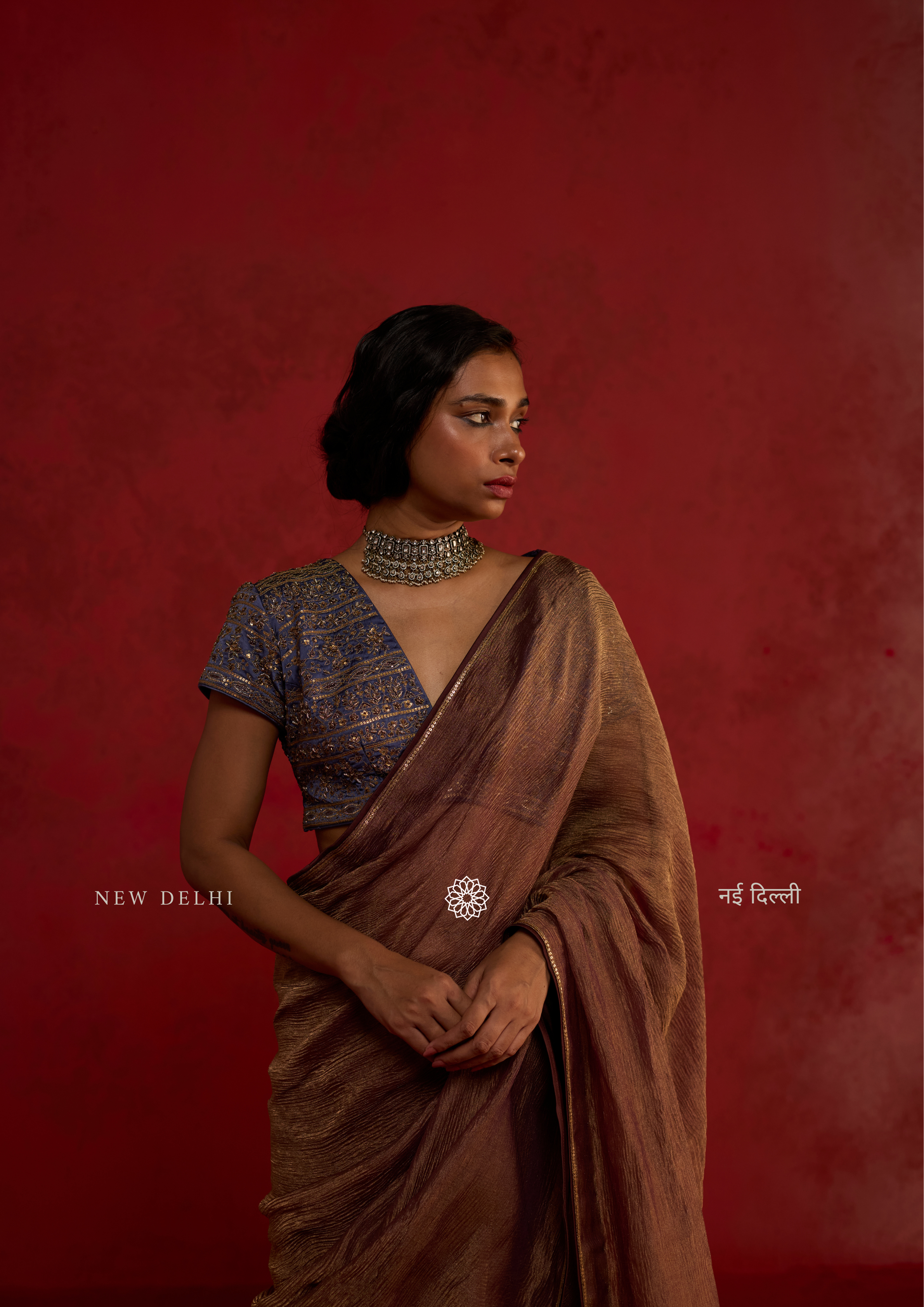Aarvi | Bronze Crushed Tissue Saree with Silk Blouse
