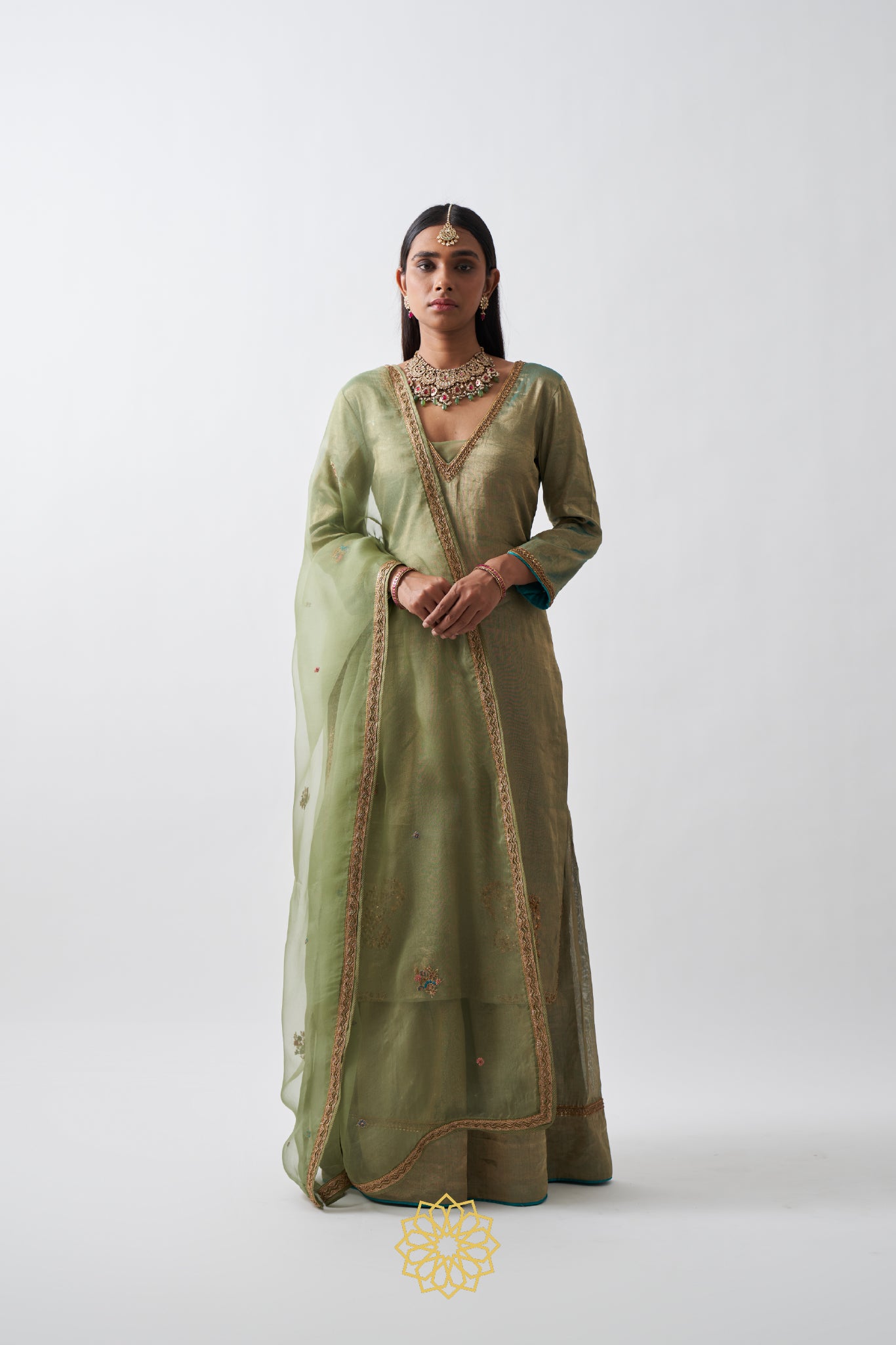 AMYRA HANDWOVEN EMBROIDERED PISTACHIO GREEN SHARARA