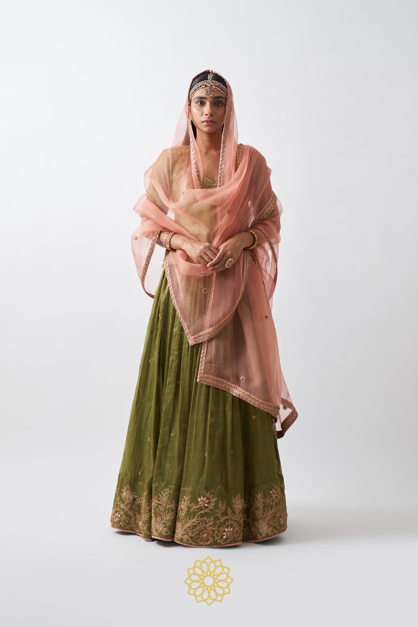 ANIKA LIME GREEN EMBROIDERED TISSUE CHANDERI LEHENGA
