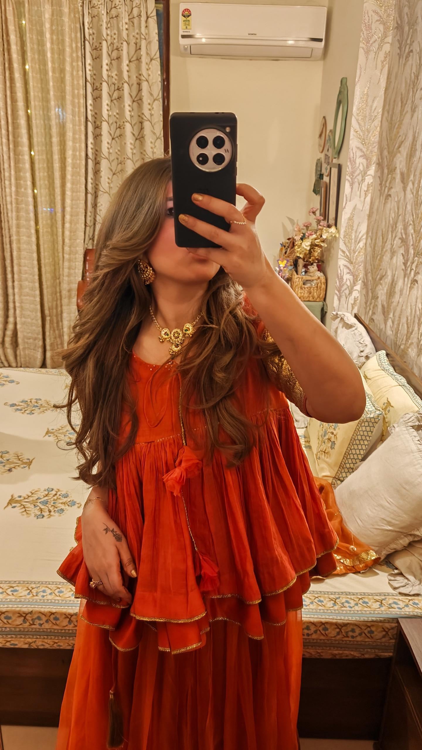 Nidhi | Burnt Orange Organza silk Lehenga with Gota and Ari-Zardozi Embroidery