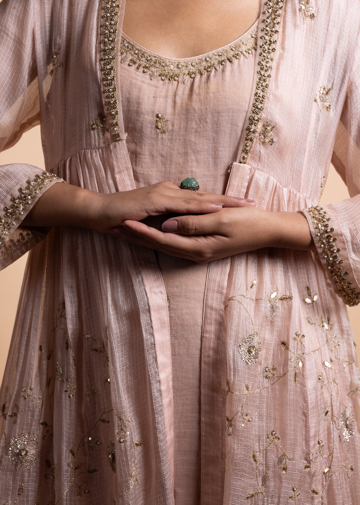 Chaitra - Soft Pink Banarasi Silk Tissue Kurta and Sharara Paired with Soft Pink Kota Silk Jacket in Handcrafted in Ari-Zardozi Embroidery