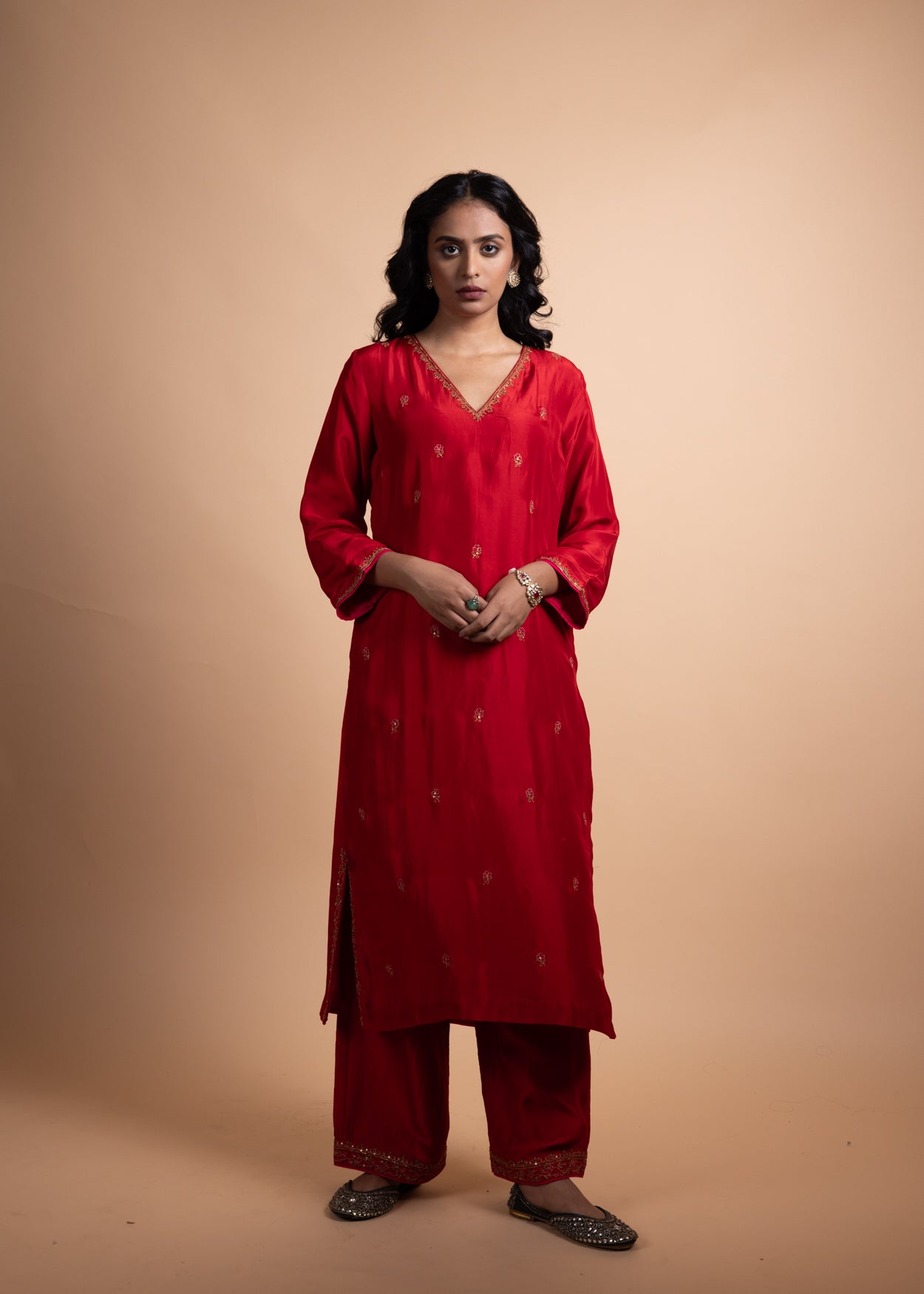 Aashi - Red Silk Straight Suit Set with Ari-Zardozi Hand Embroidery, Paired with Silk Bottoms and Matching Silk Dupatta