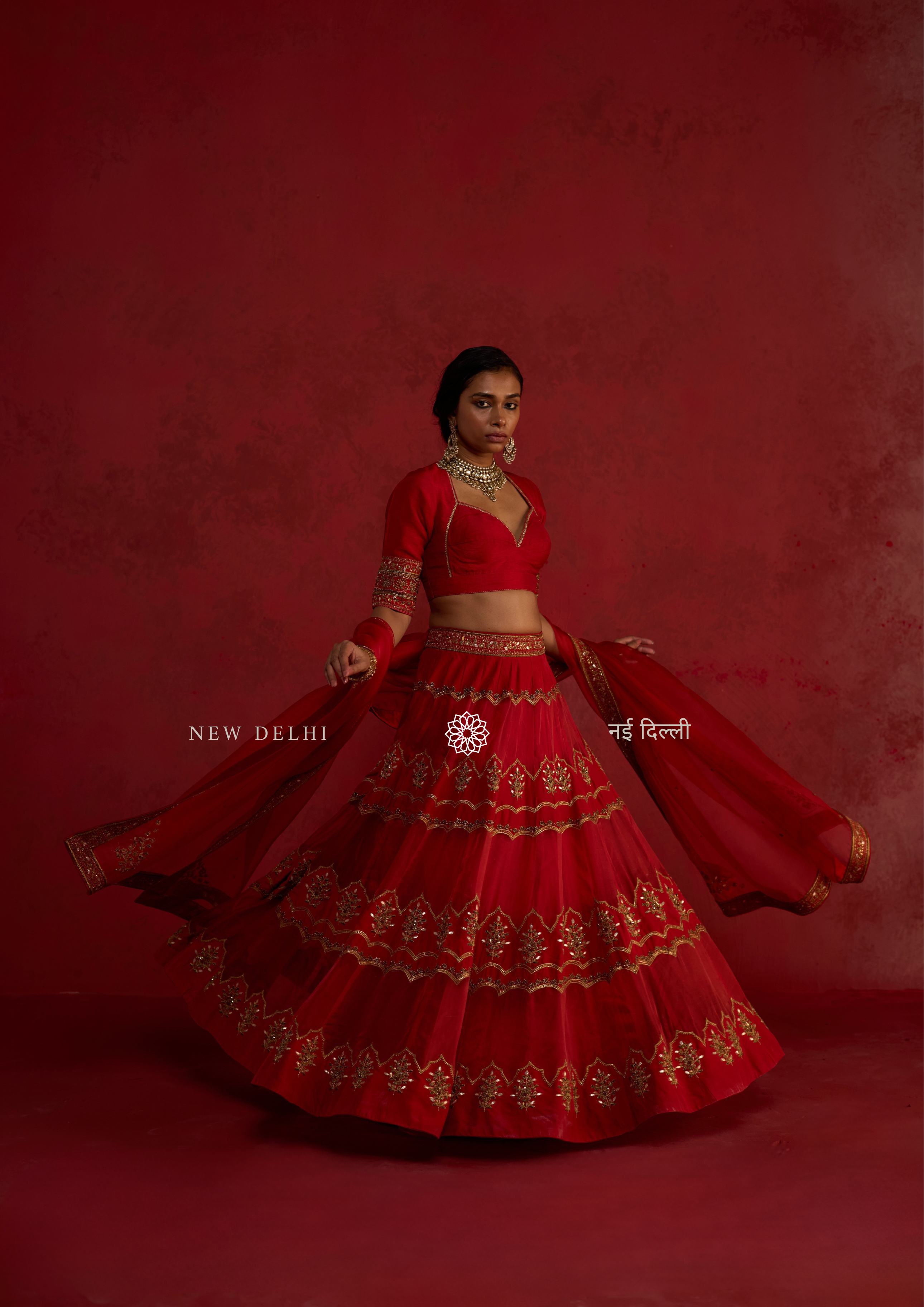 Anisa | Deep Pomme Silk Lehenga Set with Organza Dupatta