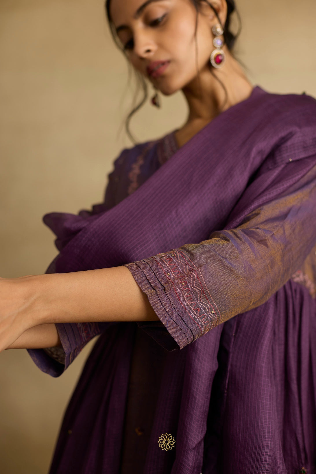 Alani - A jamun purple tissue chanderi gathered kurta paired with kota silk dupatta, hand crafted ari and zardosi embroidery