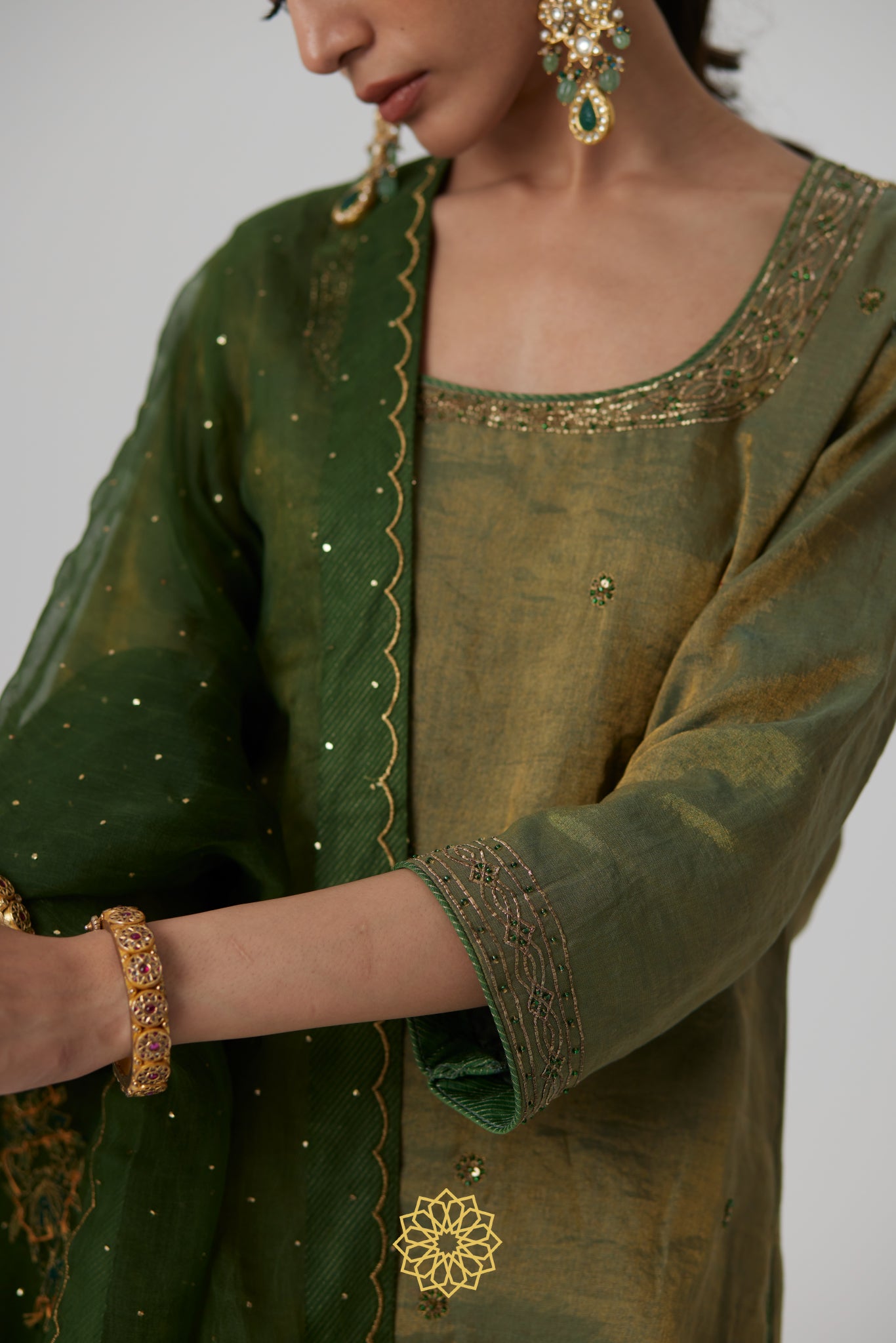 Nirja - Sage green banarasi silk handcrafted tissue kurta with banarasi silk tissue sharara