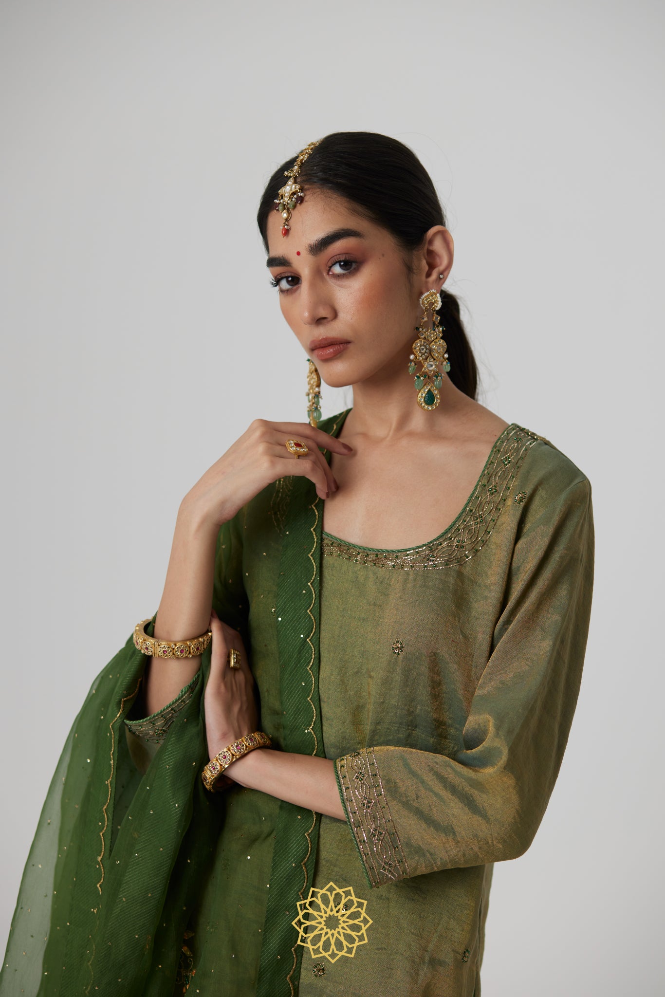 Nirja - Sage green banarasi silk handcrafted tissue kurta with banarasi silk tissue sharara