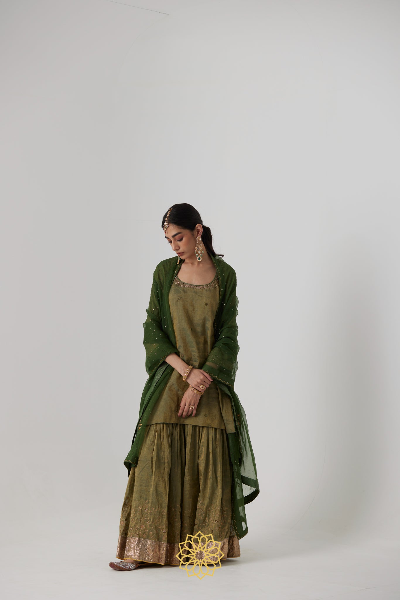 Nirja - Sage green banarasi silk handcrafted tissue kurta with banarasi silk tissue sharara