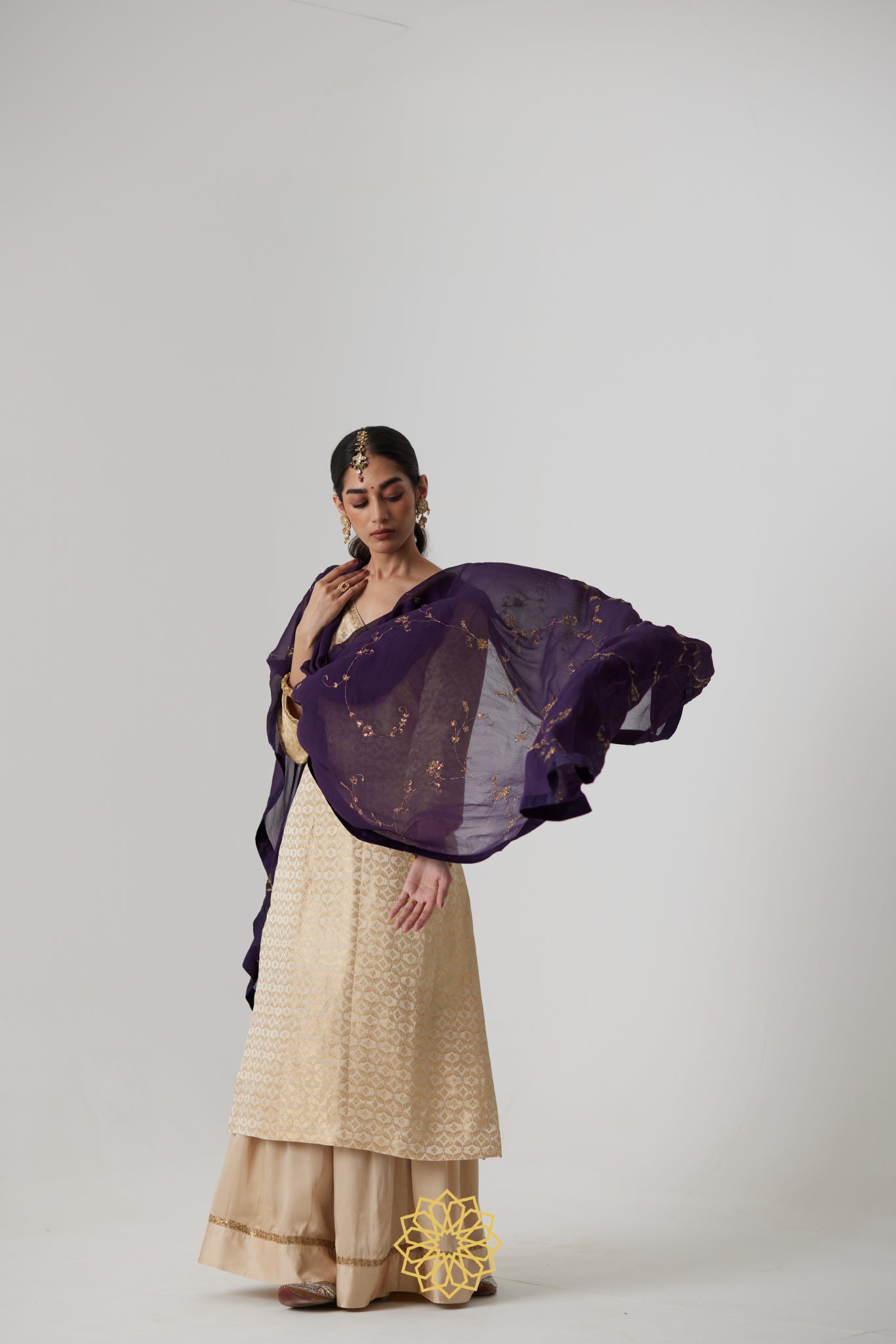 Prisha - Pearl mashru handcrafted and silk brocade kurta with pearl satin silk sharara