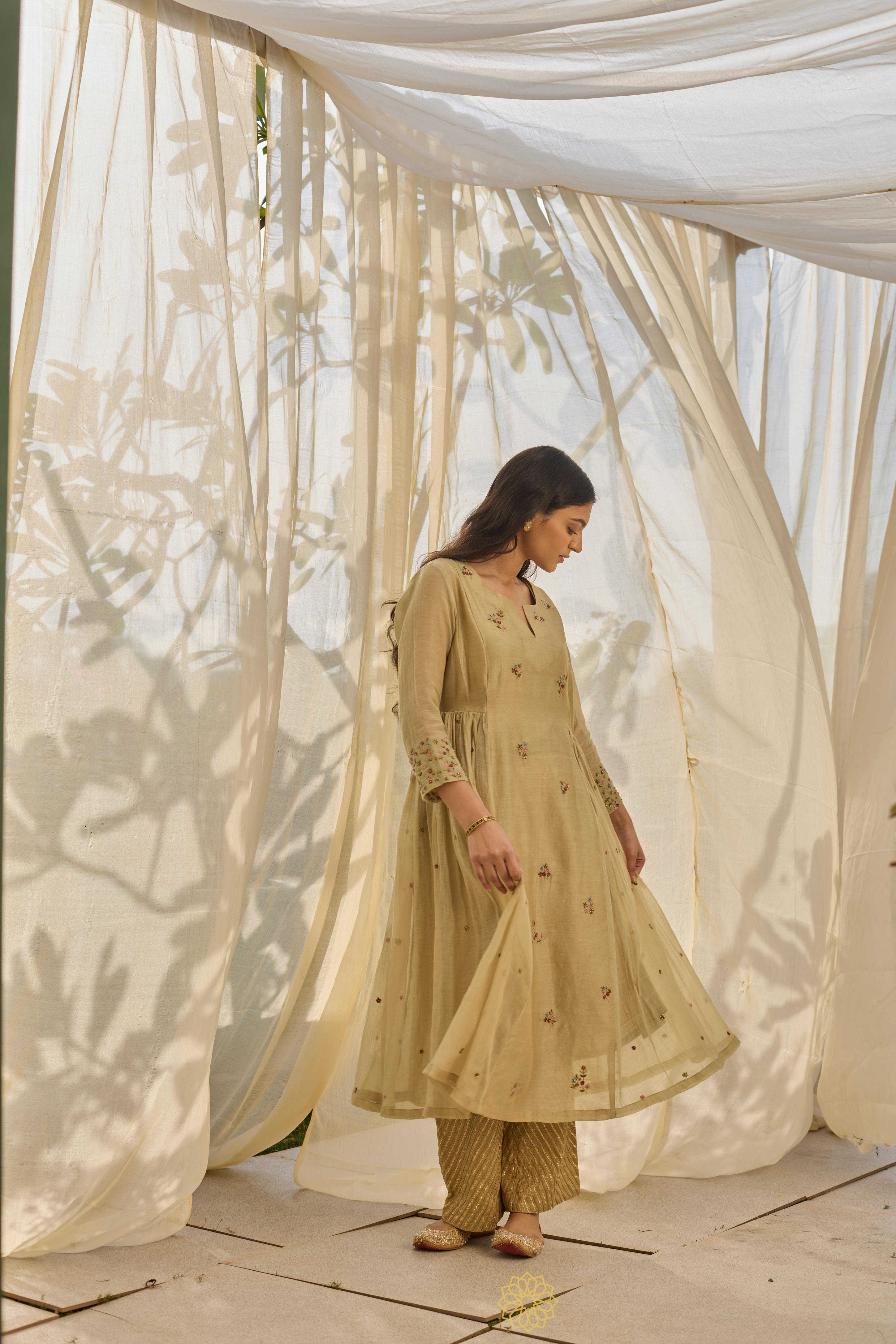 EHSA - Almond Green Chanderi Anarkali, Tonal Pants with Dual-Shade Kota Dupatta