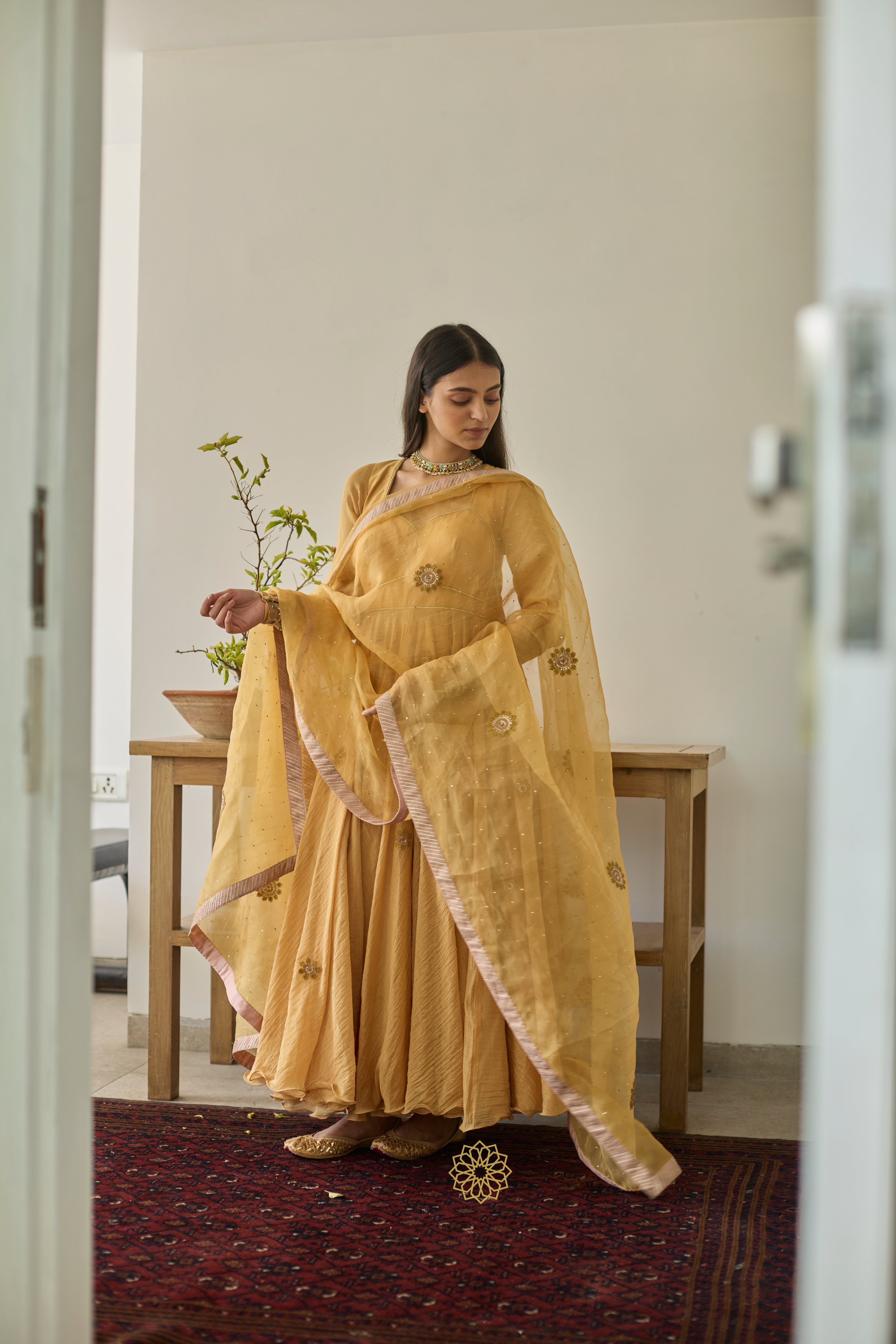 SAVI - Canary Yellow Mul Chanderi Anarkali, Tonal Pants with Floral Embroidered Organza Dupatta