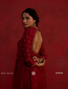 Mirka | Plum Red Chanderi Anarkali Set with Organza Dupatta
