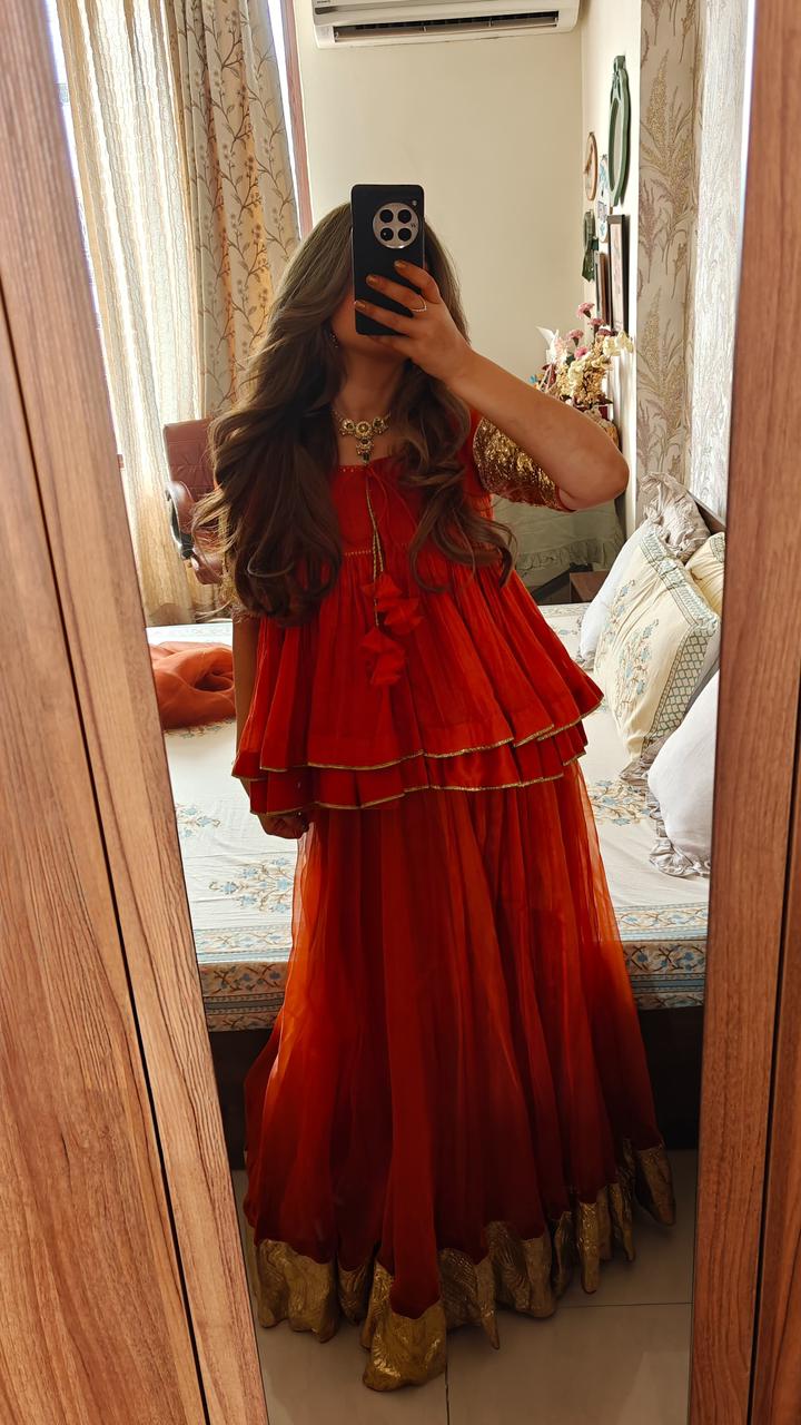 Nidhi | Burnt Orange Organza silk Lehenga with Gota and Ari-Zardozi Embroidery